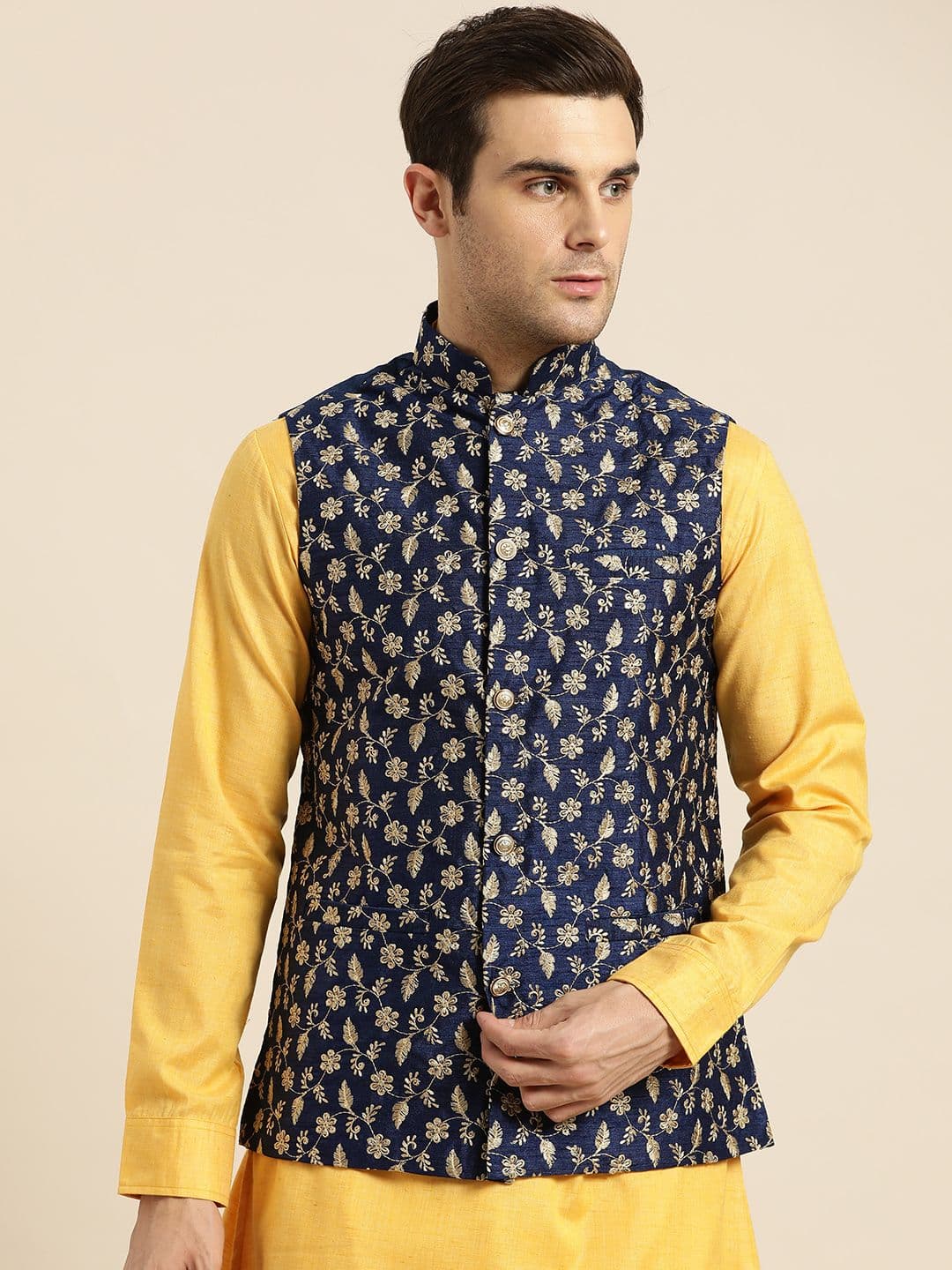 SOJANYA Men Navy Blue & Golden Embroidered Nehru Jacket - view 1
