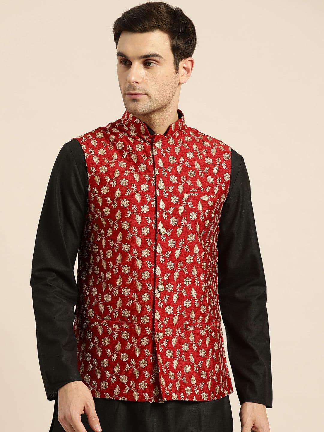 SOJANYA Men Red & Golden Embroidered Nehru Jacket - view 1