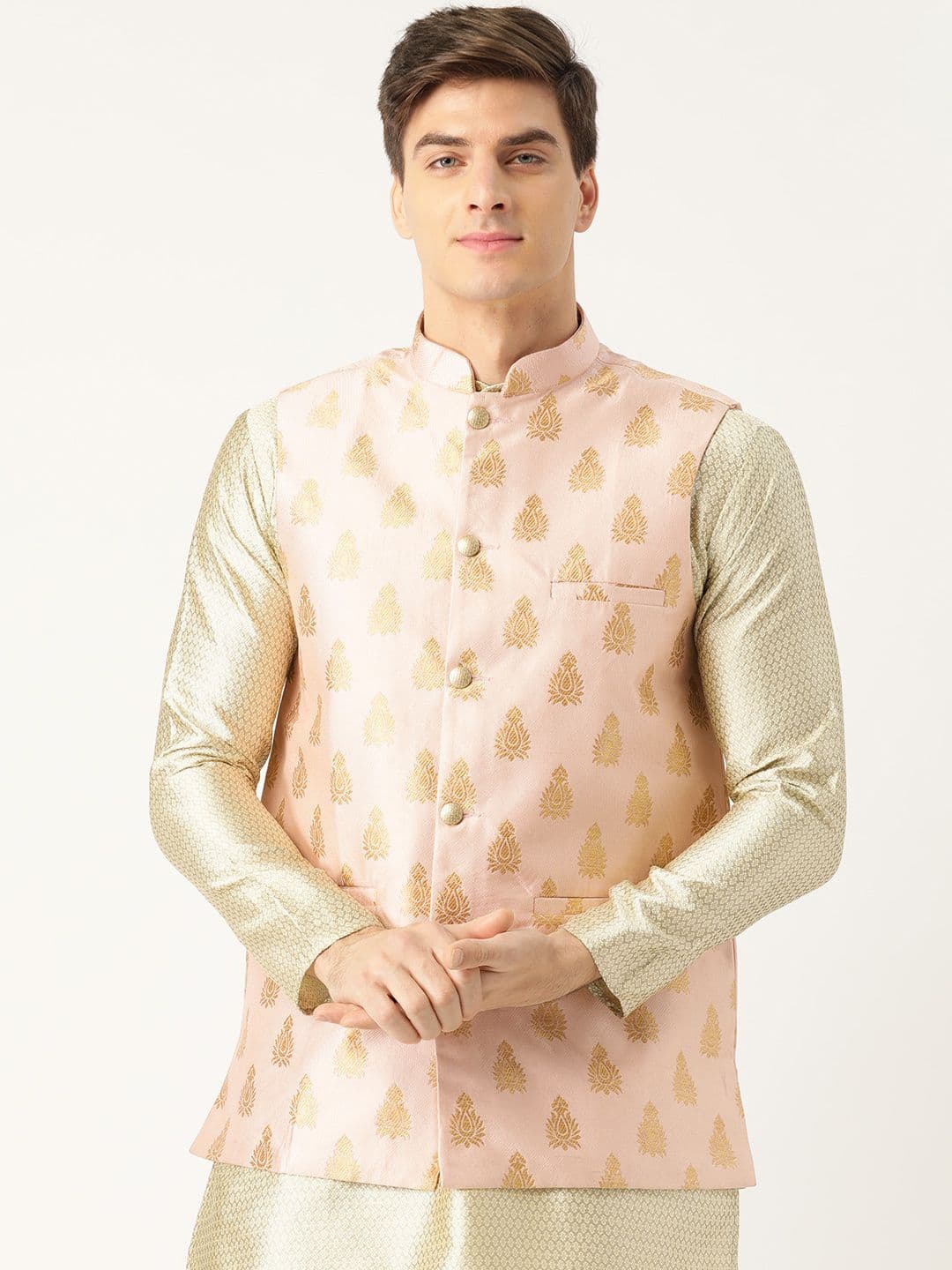SOJANYA Men Pink & Golden Woven Design Nehru Jacket - view 1