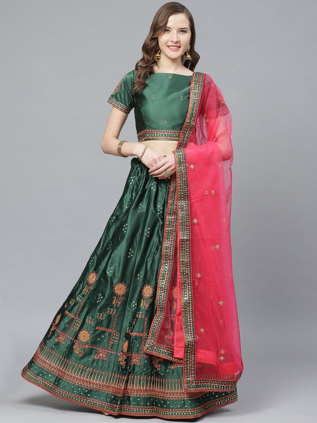 Mitera Green & Pink Mirroe Work Semi-Stitched Lehenga & Unstitched Blouse with Dupatta - view 1