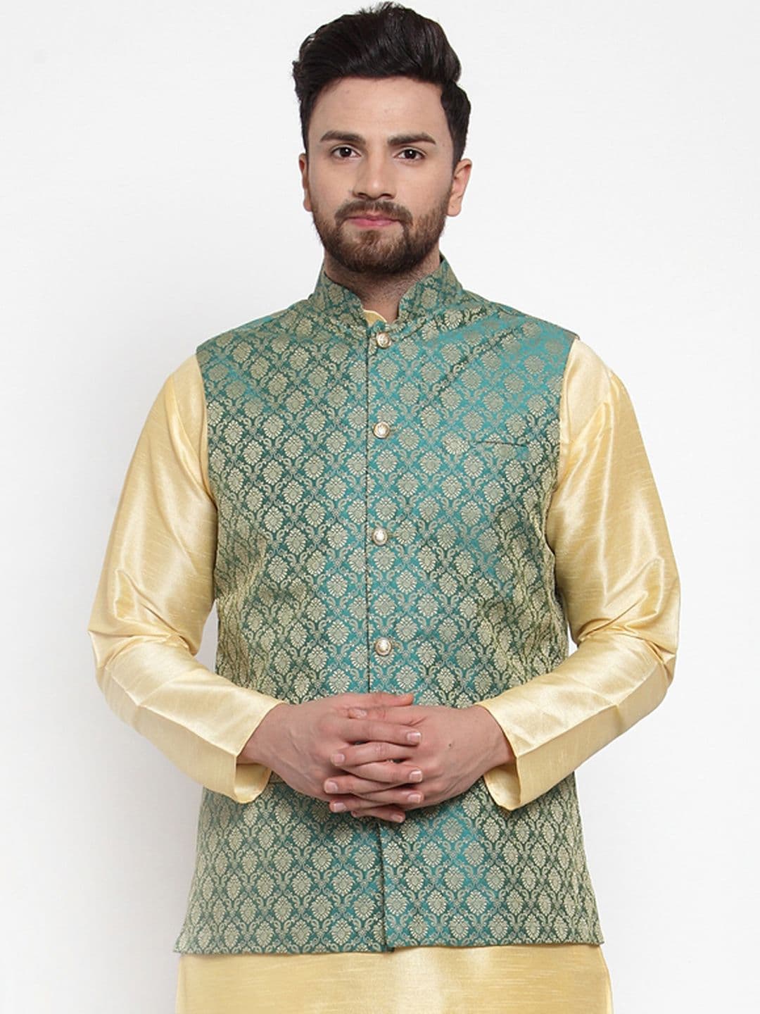 Jompers Men Green & Gold-Toned Woven Design Nehru Jacket - view 1