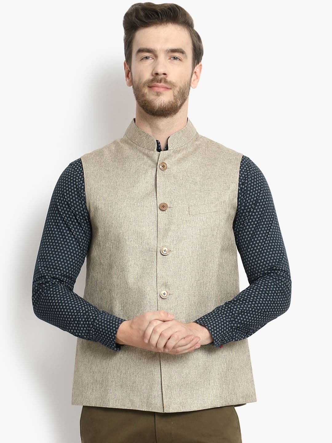 Vastraa Fusion Men Beige Solid Woven Jute Cotton Nehru Jacket - view 1