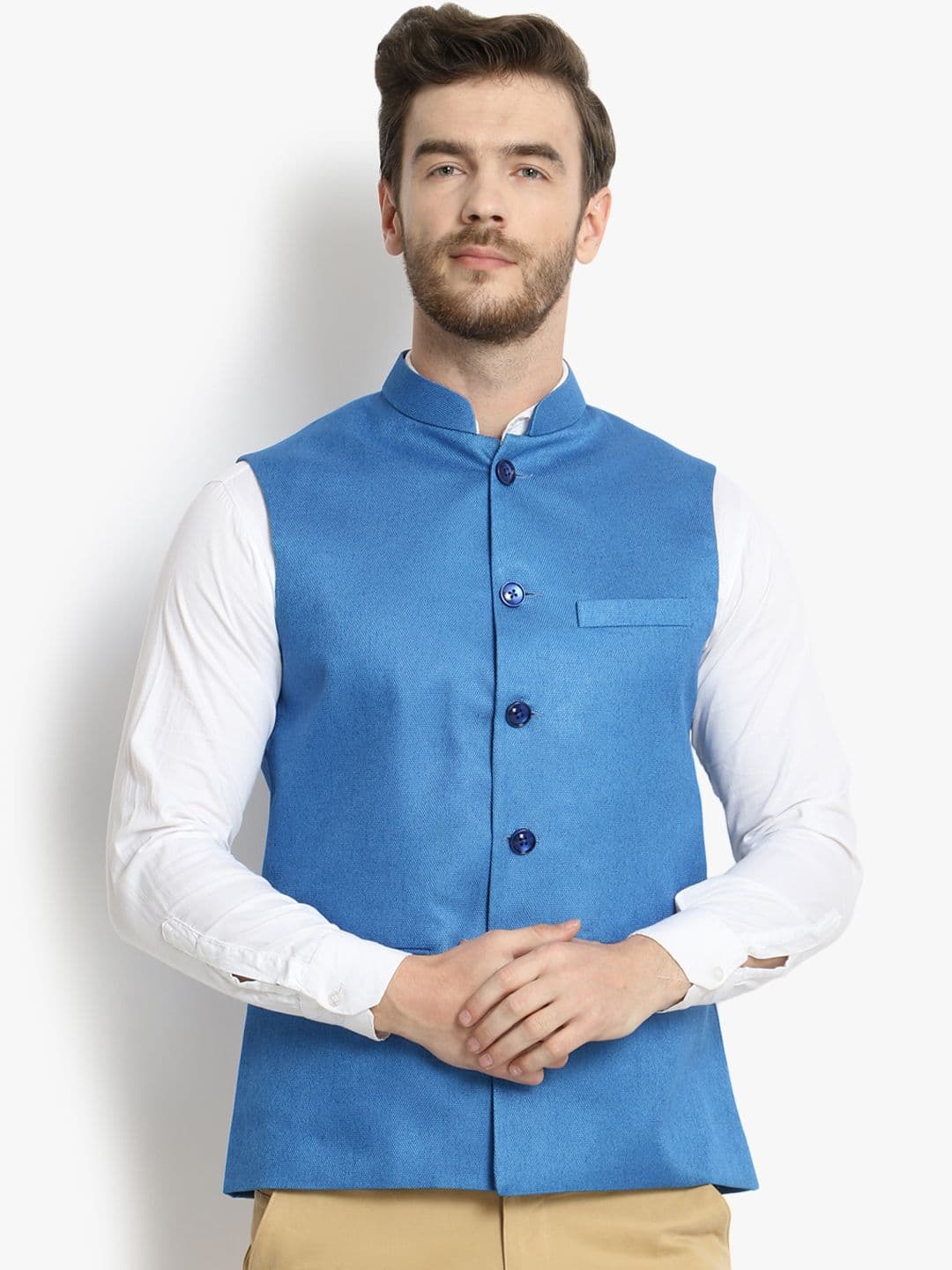 Vastraa Fusion Men Blue Solid Woven Nehru Jacket - view 1