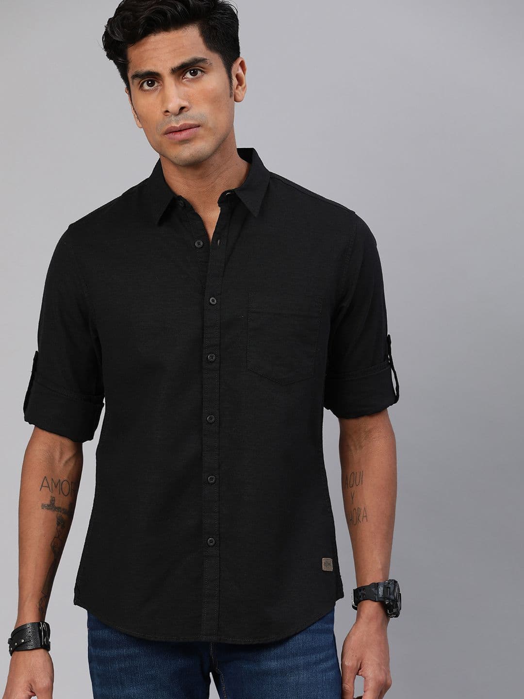 Roadster Men Black Regular Fit Solid Cotton Linen Casual Shirt - view 1