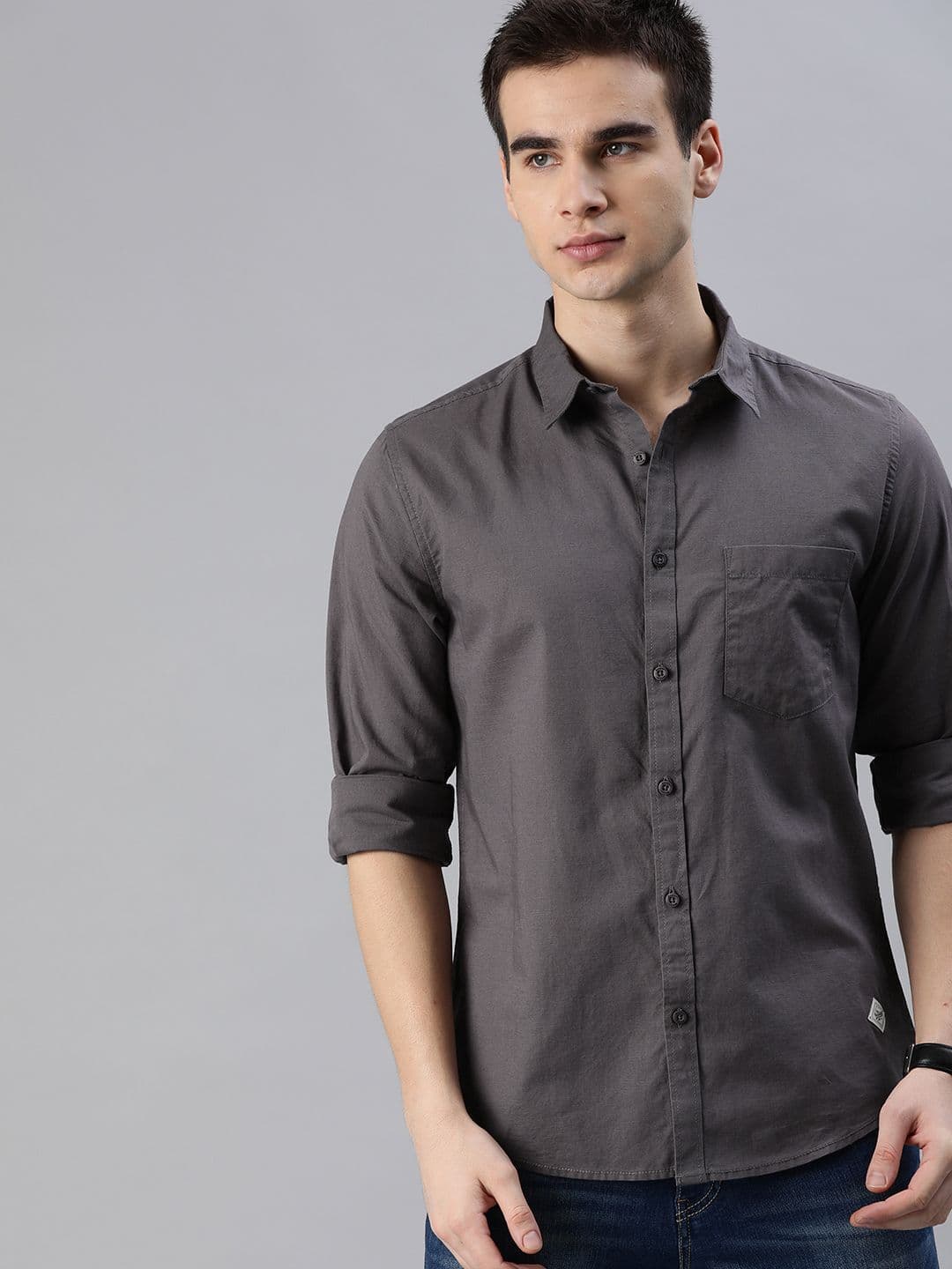 Roadster Men Charcoal Regular Fit Solid Casual Shirt - view 1