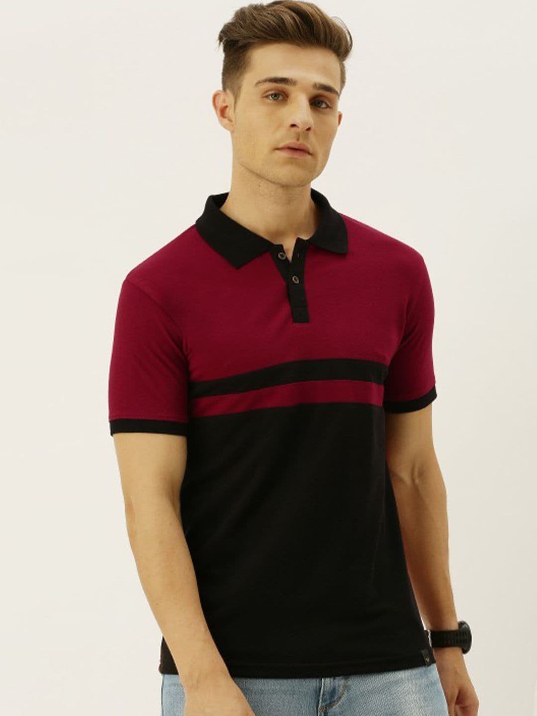 VEIRDO Men Maroon & Black Colorblocked Cotton Regular Fit Polo T-shirt - view 1