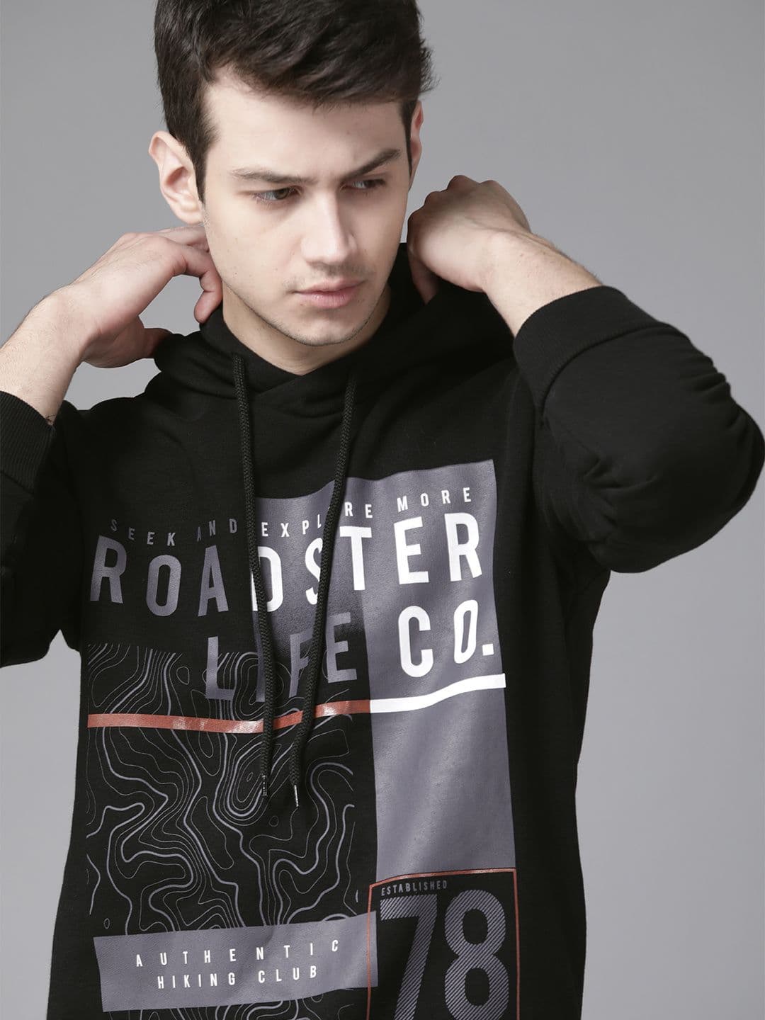 Roadster Men Black & Grey Brand Logo Printed Hooded Sweatshirt - view 1