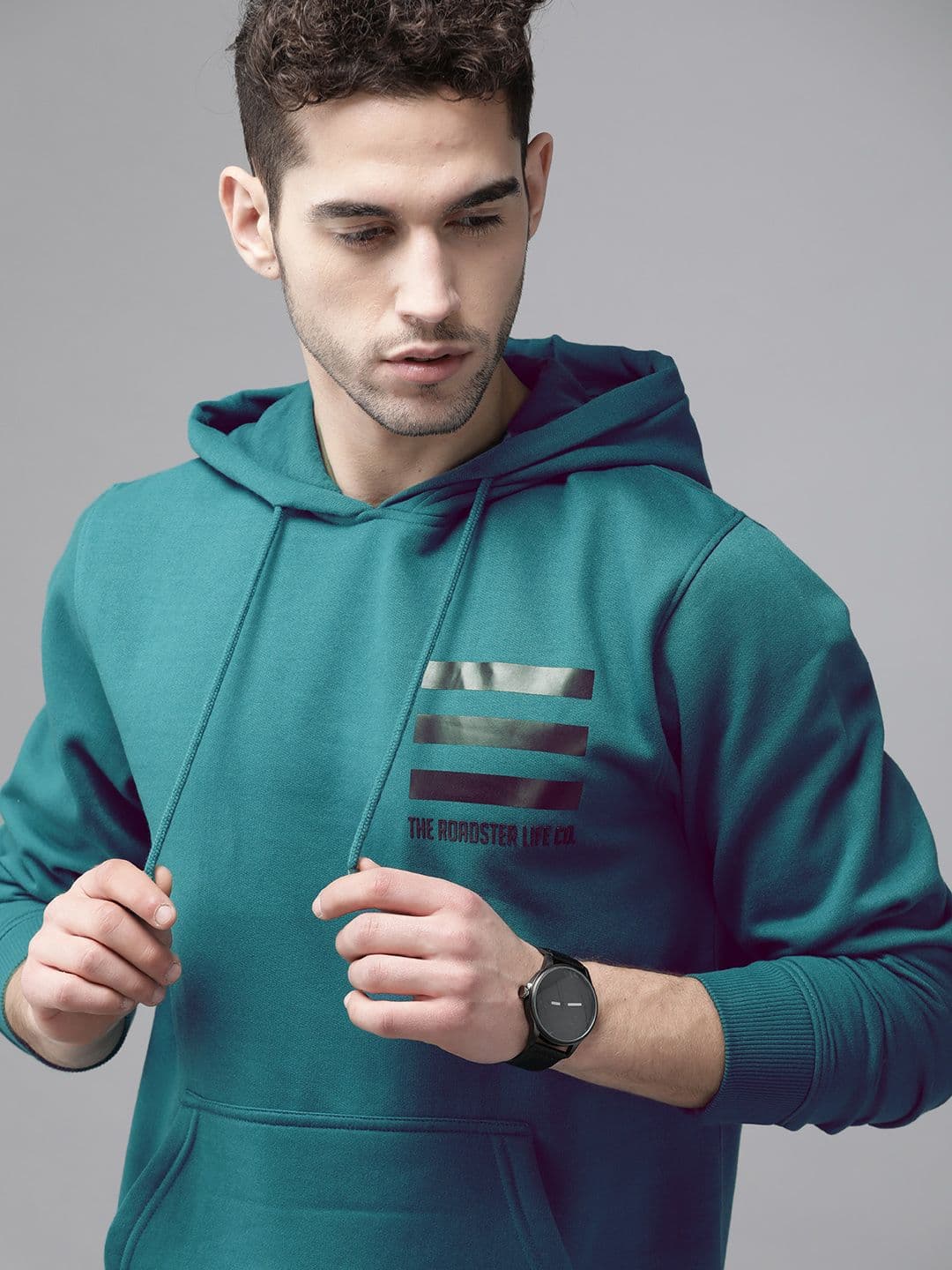 Roadster Men Teal Blue Solid Hooded Sweatshirt with Printed Detail - view 1