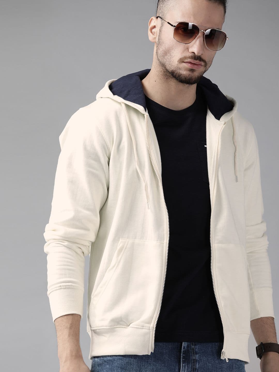 Roadster Men Off-White Solid Hooded Sweatshirt - view 1