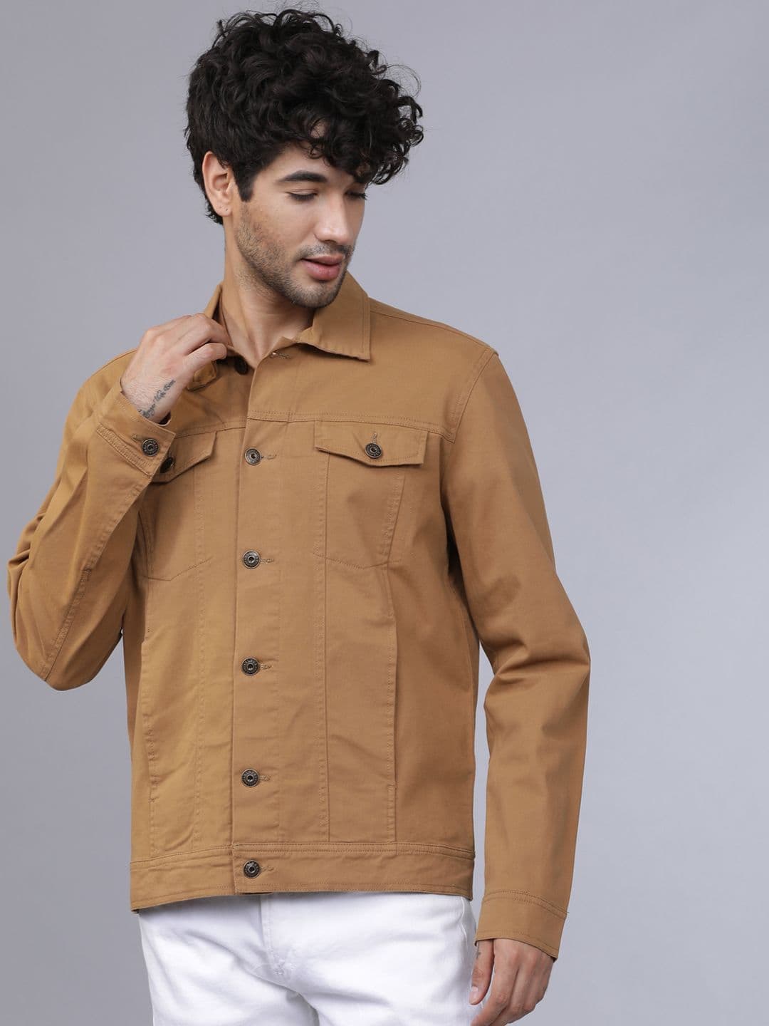 HIGHLANDER Men Beige Solid Denim Jacket - view 1