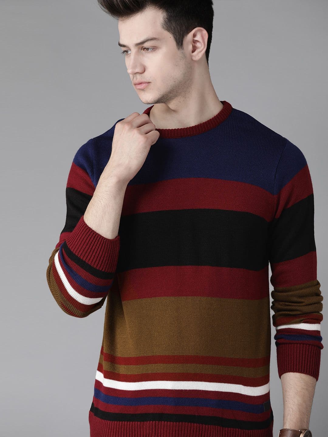 Roadster Men Multicoloured Striped Acrylic Pullover - view 1