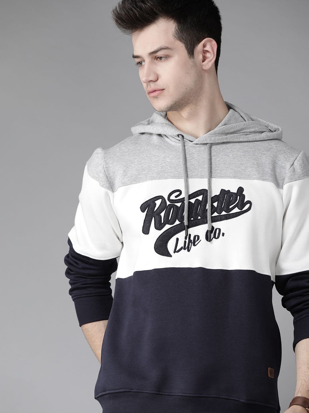 Roadster Men Navy Blue & White Colourblocked Hooded Sweatshirt - view 1