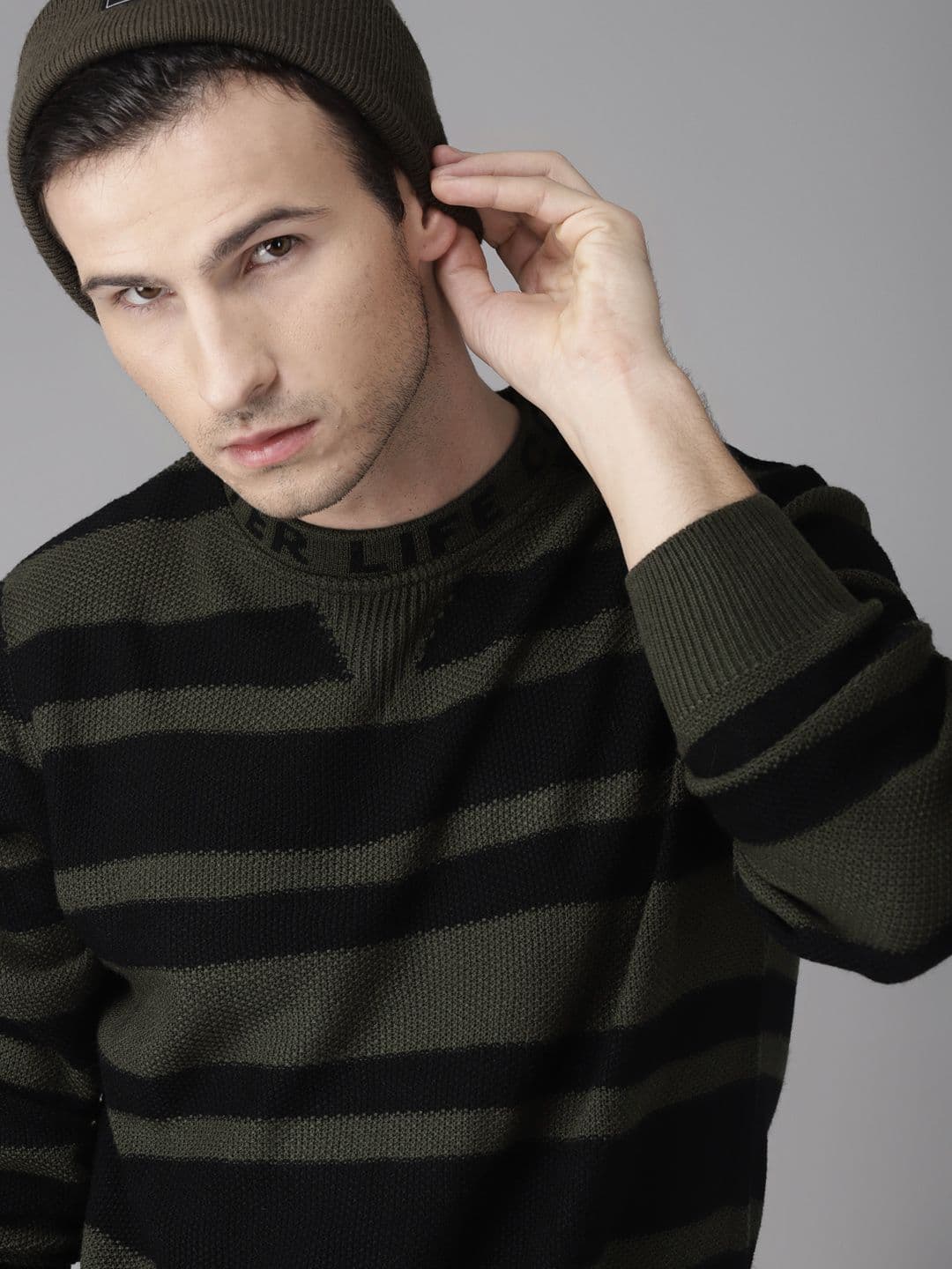 Roadster Men Olive Green & Black Striped Sweater - view 1