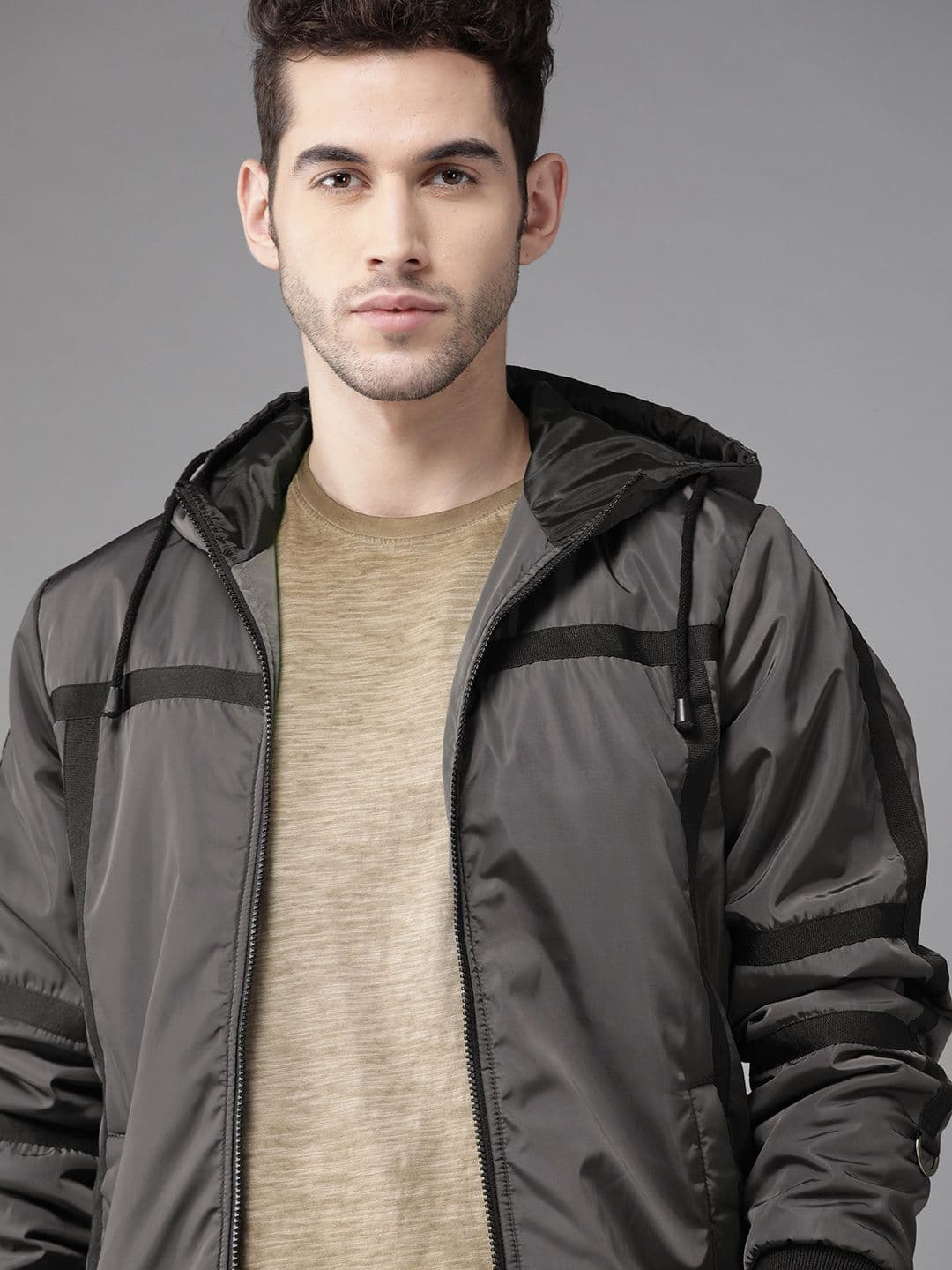 Roadster Men Charcoal Grey Solid Bomber Jacket - view 1