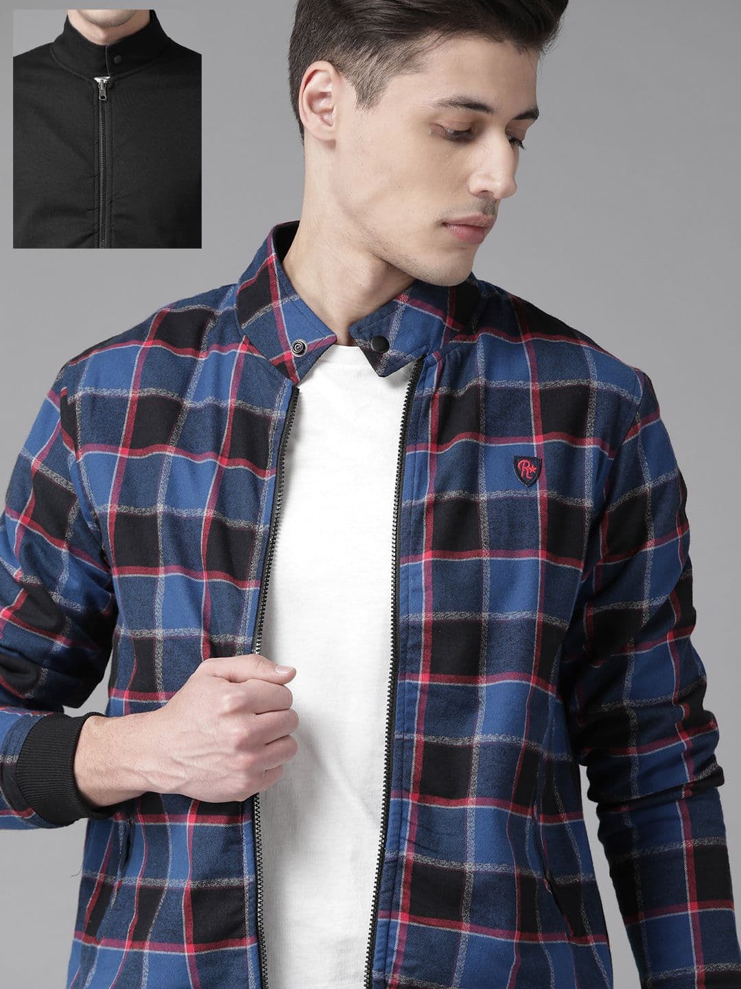 Roadster Men Blue & Black Checked Reversible Bomber Jacket - view 1