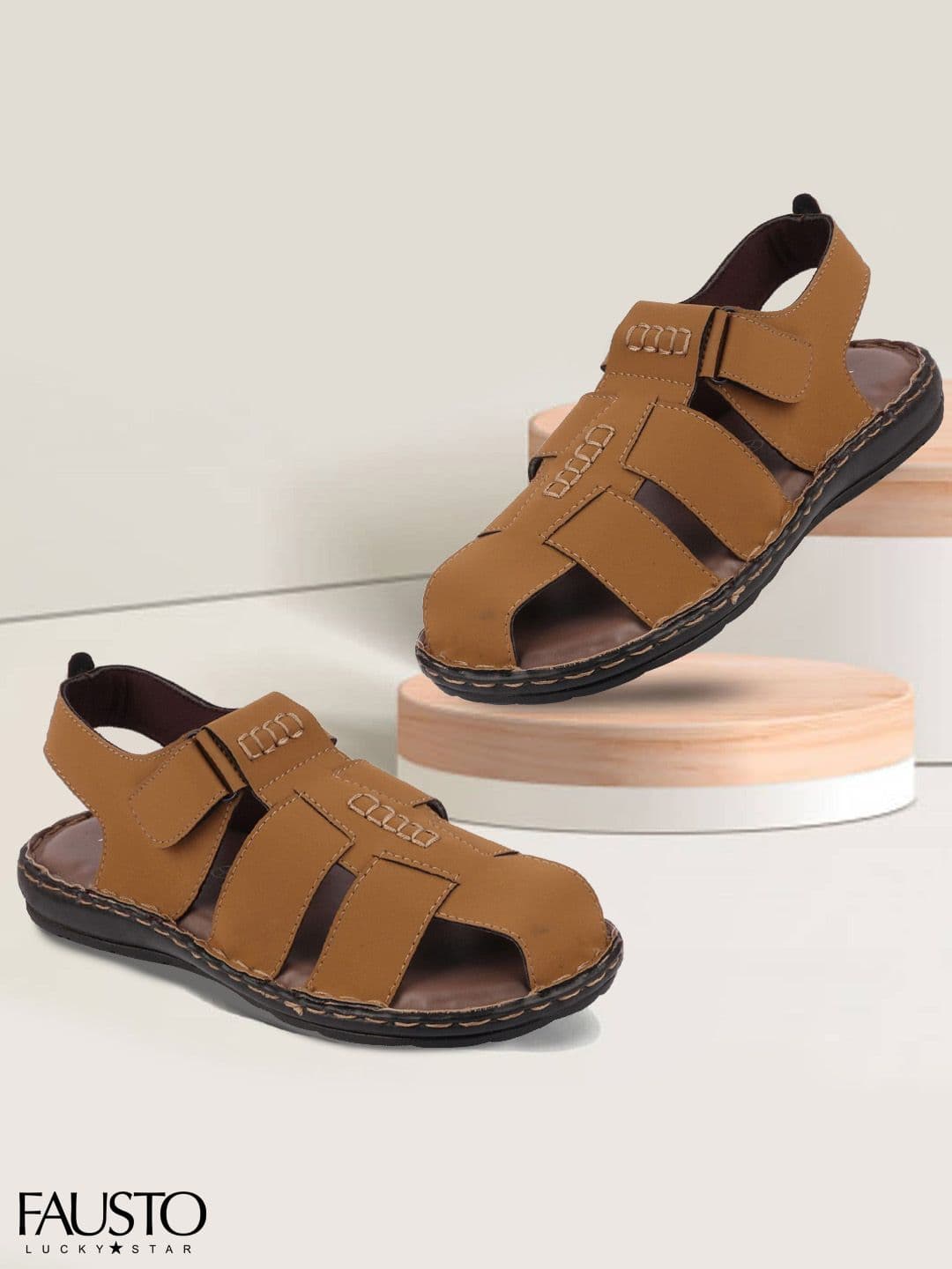 FAUSTO Men Tan Brown Fisherman Sandals - view 1
