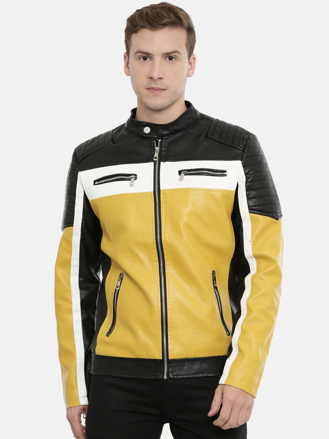 SHOWOFFFF Men Yellow & Black Colourblocked Water Resistant Biker Jacket - view 1