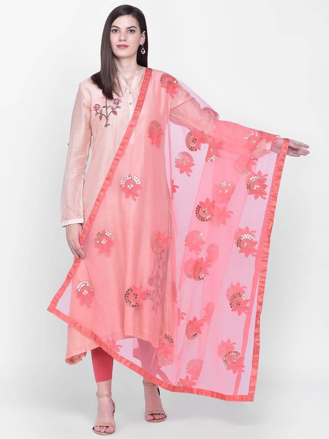 Dupatta Bazaar Coral Red Embroidered Sequinned Dupatta - view 1