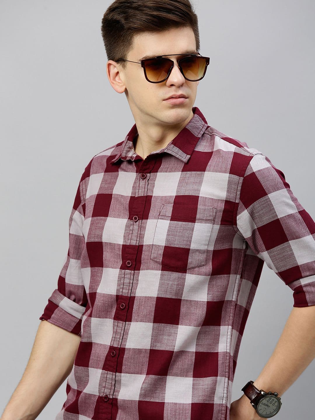 HERE&NOW Men Maroon & Off-White Slim Fit Checked Casual Shirt - view 1