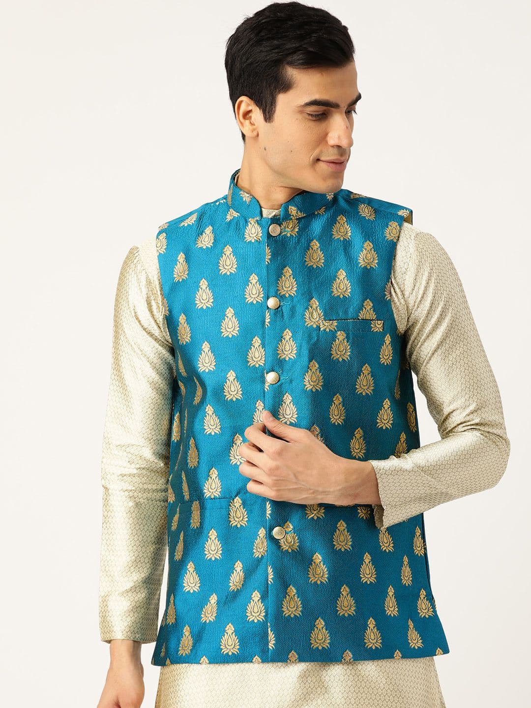 SOJANYA Men Blue & Golden Woven Design Nehru Jacket - view 1