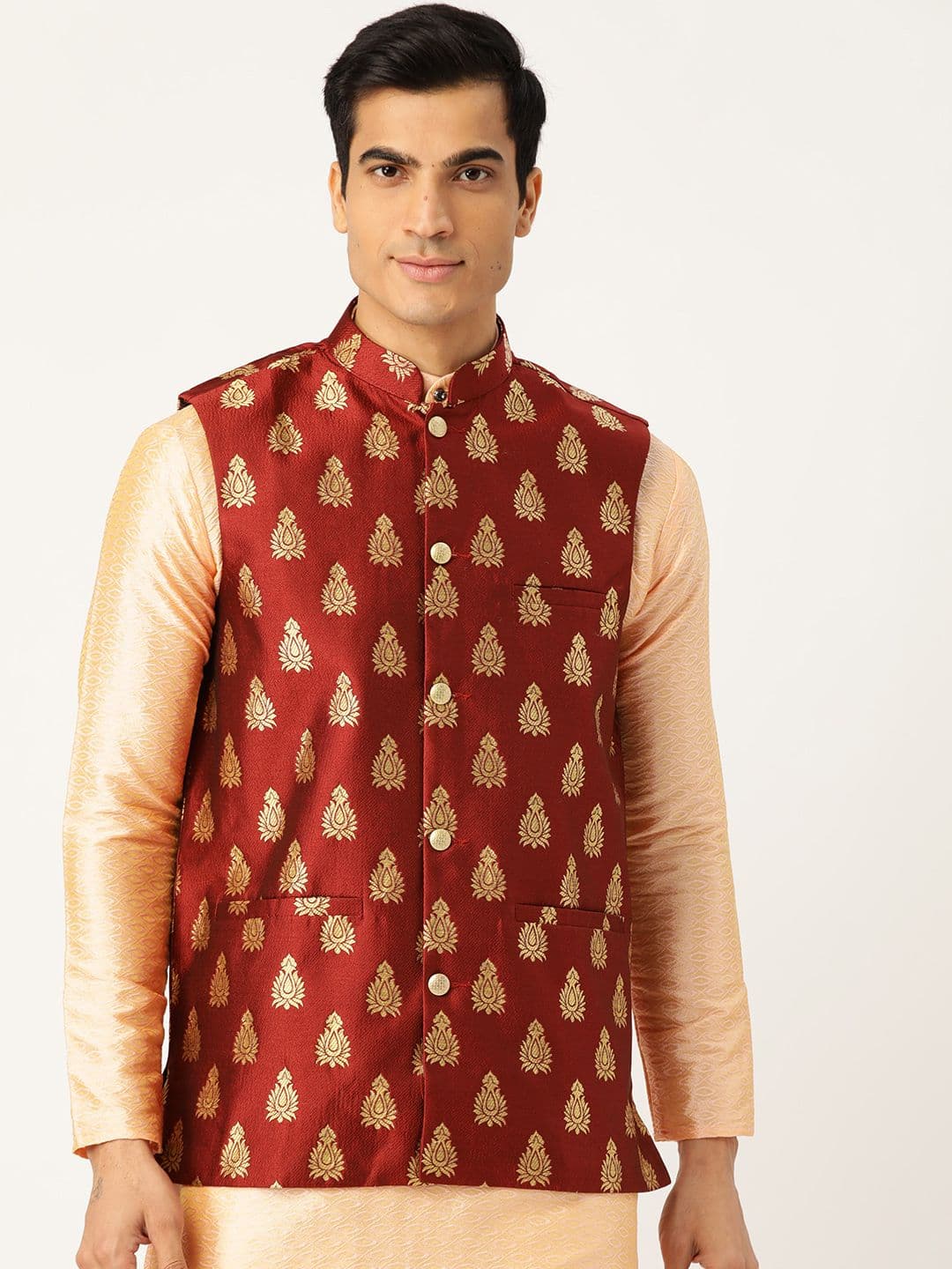 SOJANYA Men Maroon & Golden Woven Design Nehru Jacket - view 1