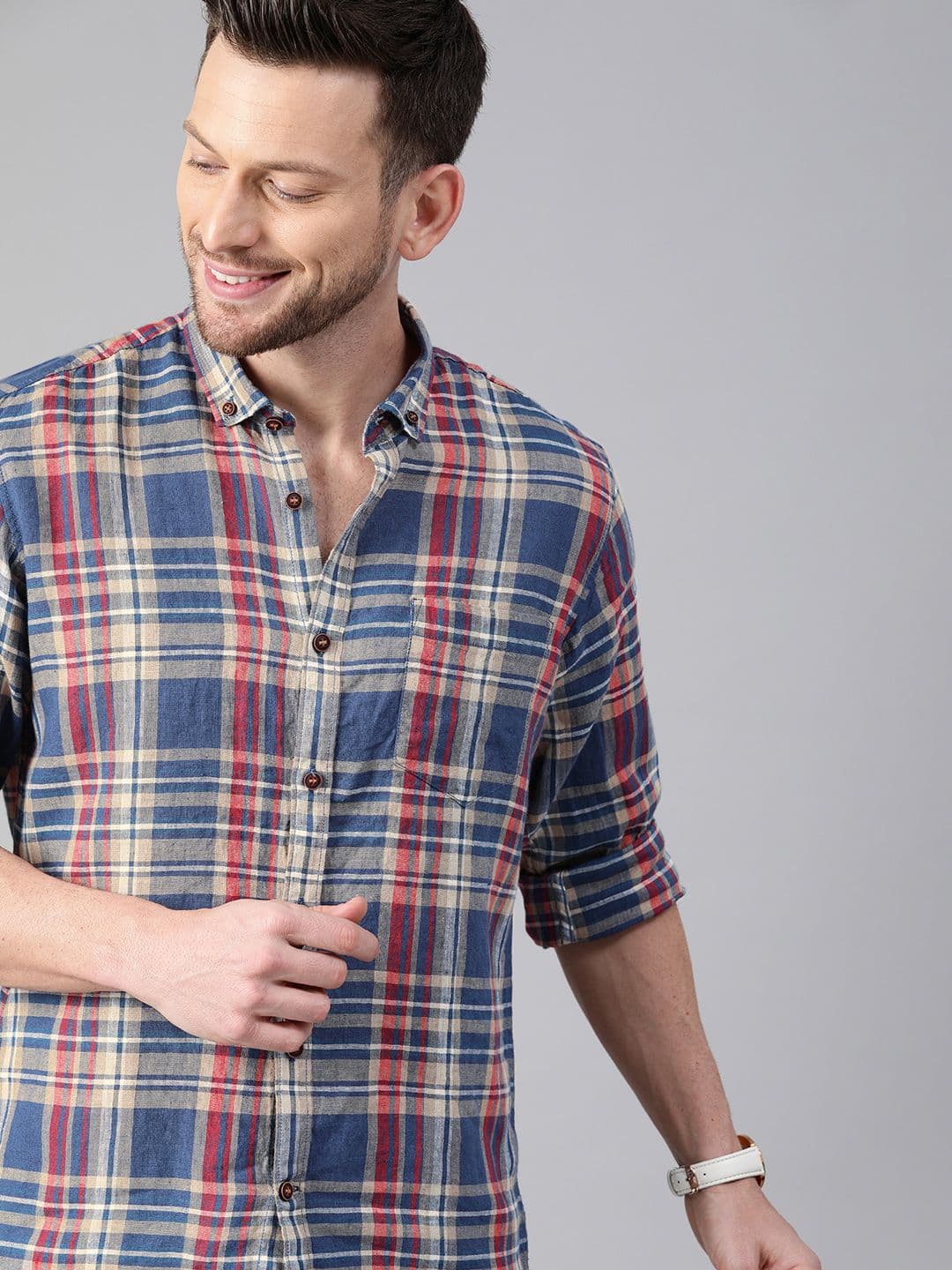 Mast & Harbour Checked Button-Down Collar Cotton Linen Casual Shirt