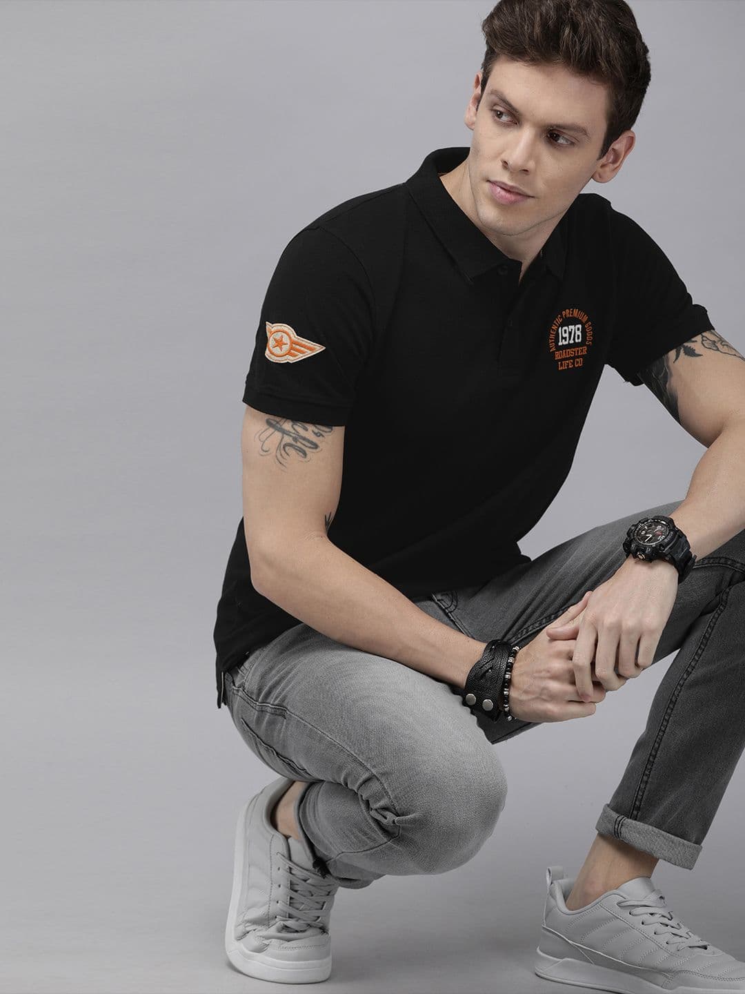 Roadster Men Black Solid Polo Collar Cotton T-shirt with Embroidery - view 1