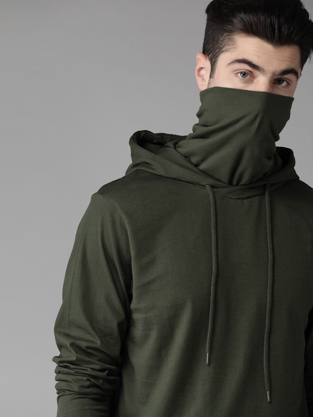 Roadster Men Olive Green Solid Hooded Pure Cotton T-shirt - view 1
