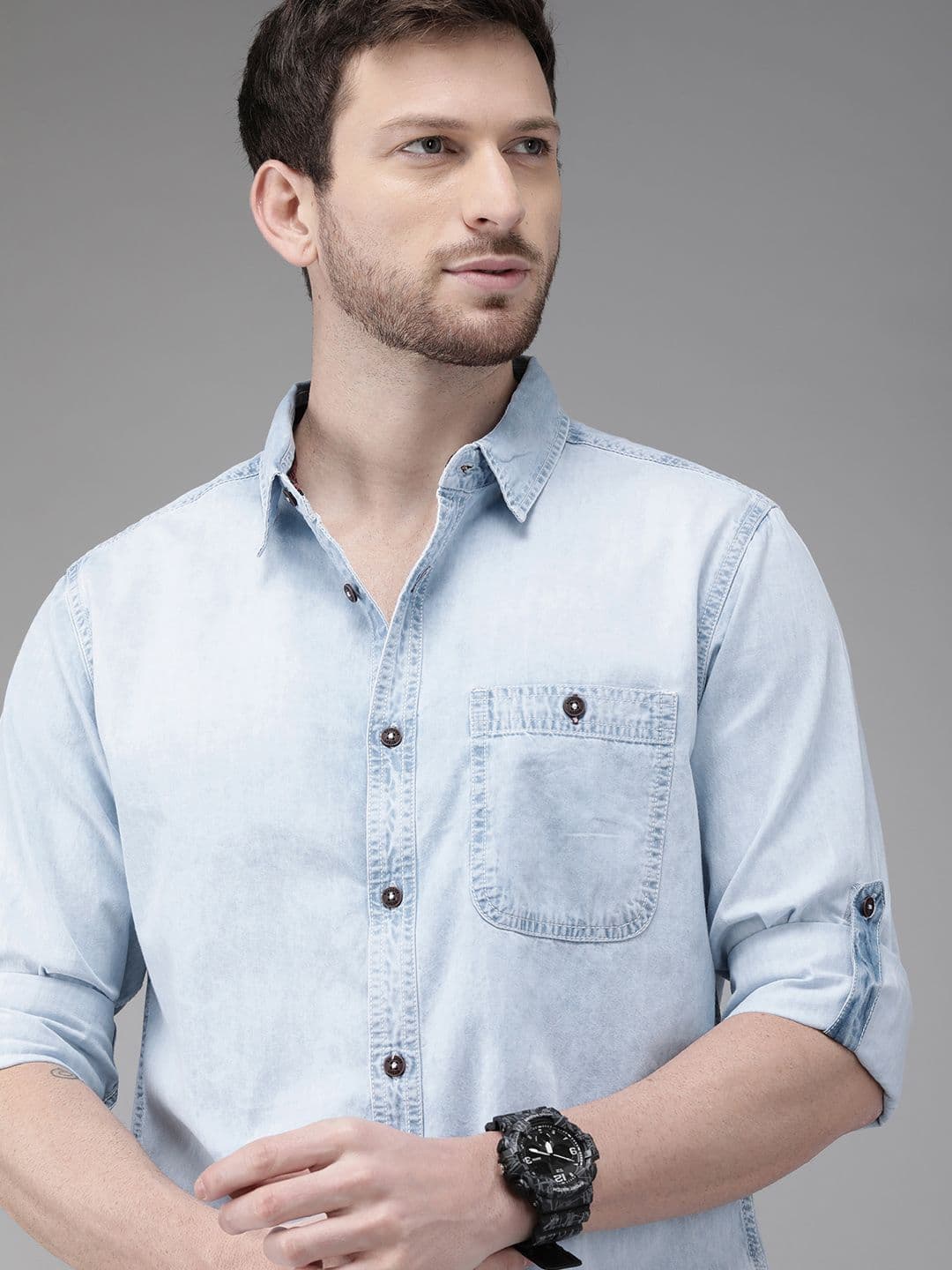 Roadster Men Blue Regular Fit Solid Denim Sustainable Shirt - view 1