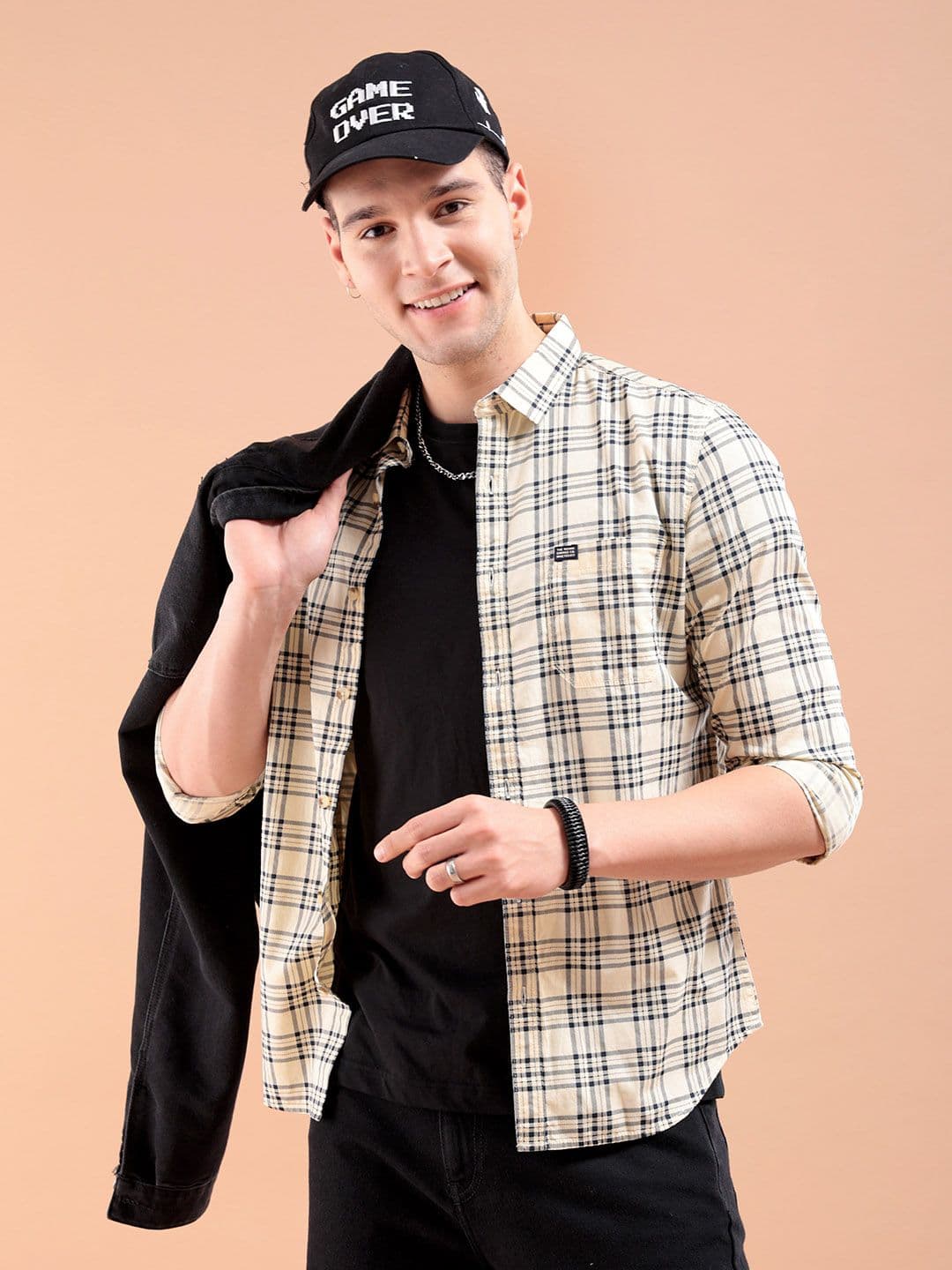 The Indian Garage Co Men Cream-Coloured & Black Slim Fit Checked Casual Shirt - view 1