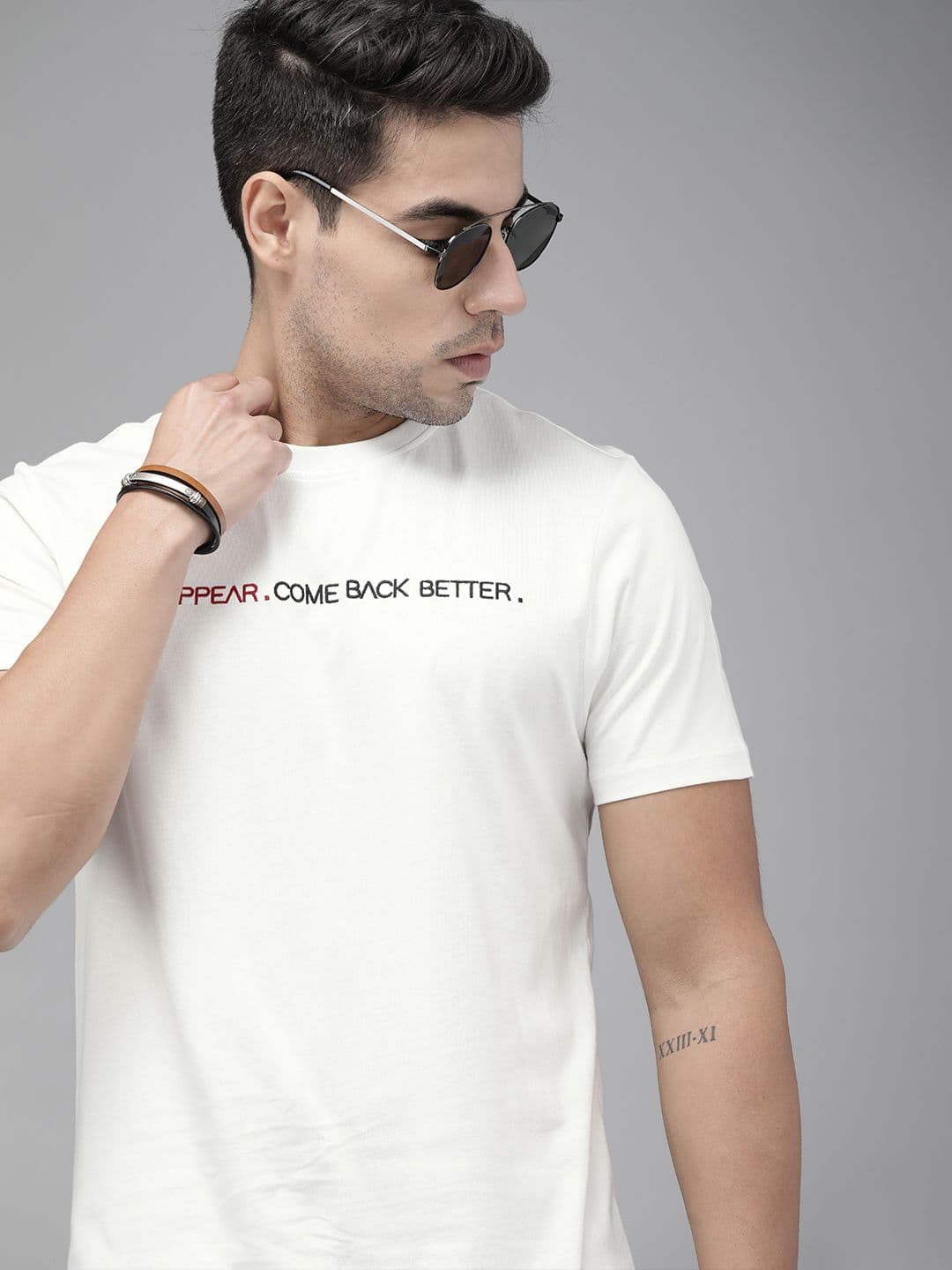 Roadster Men Off-White Solid Round Neck Pure Cotton T-shirt With Printed Detailing - view 1
