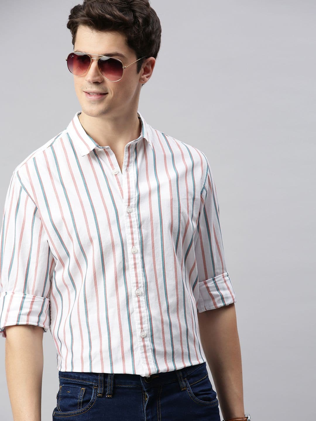 Mast & Harbour Men White & Teal Green Slim Fit Striped Casual Shirt - view 1
