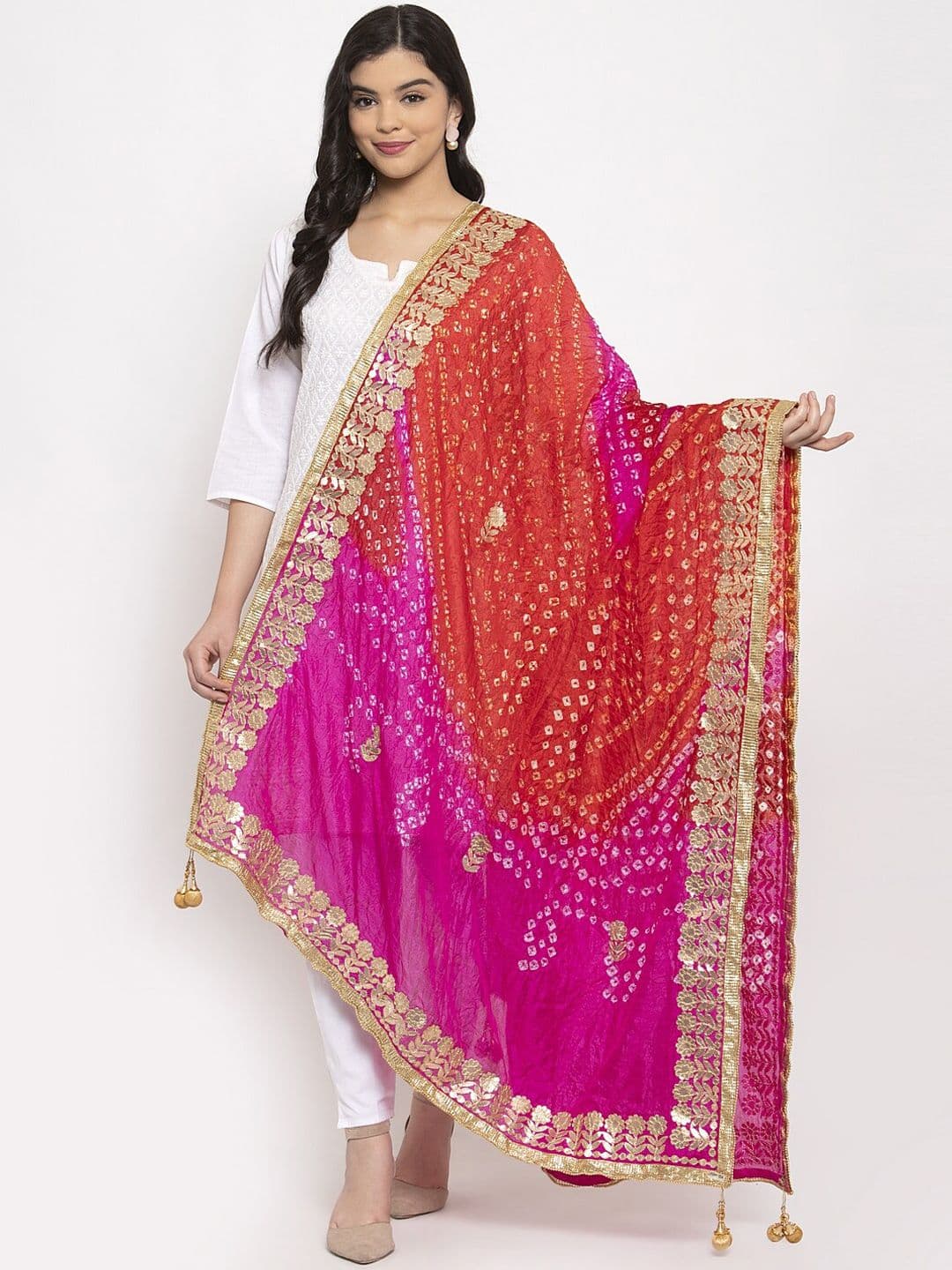 Clora Creation Pink & Red Dyed Bandhani Gotta Patti Silk Dupatta - view 1