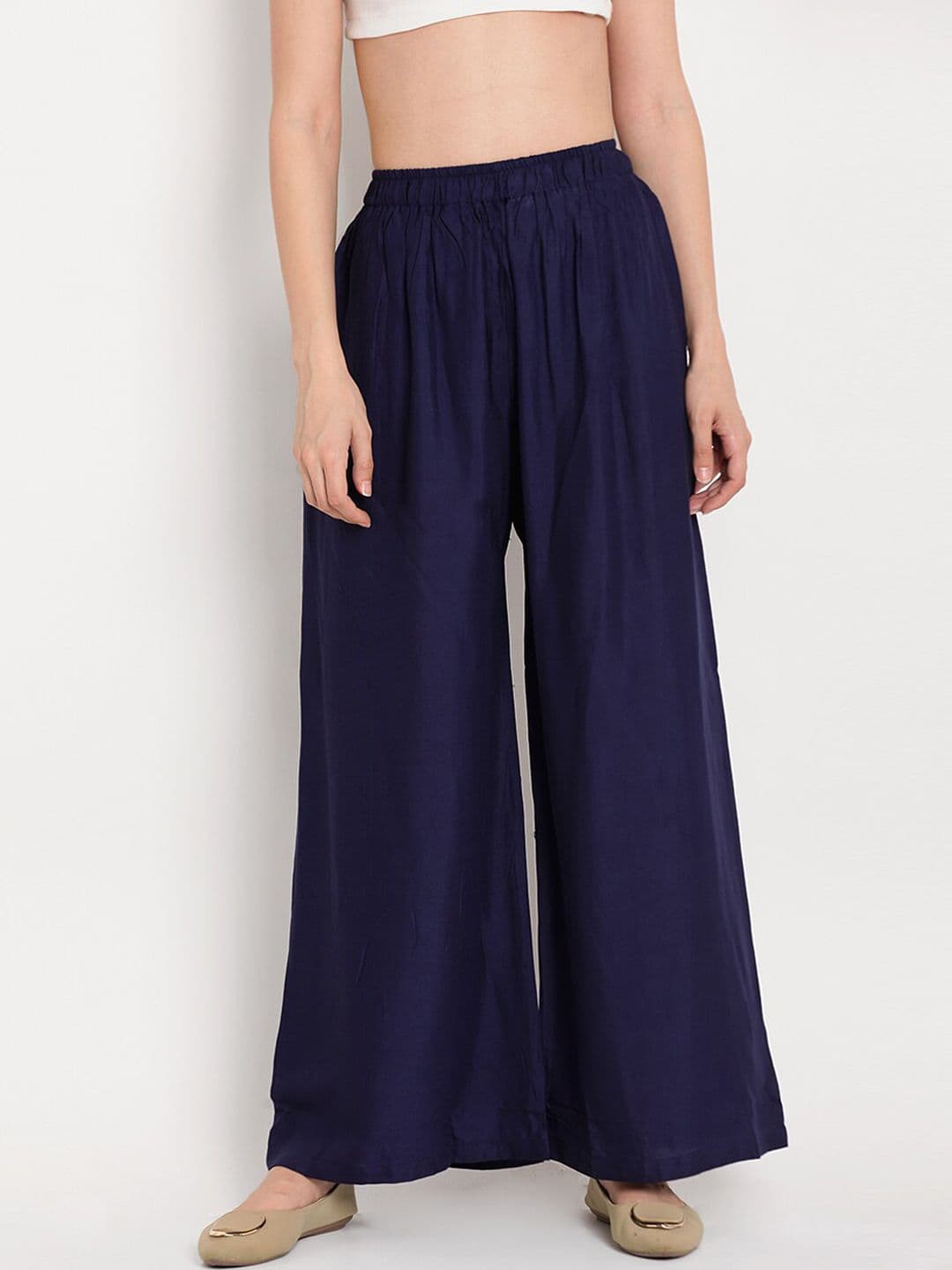 TAG 7 Women Navy Blue Solid Flared Palazzos - view 1