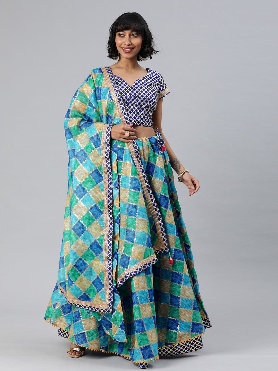 Geroo Jaipur Handcrafted Blue Kota Silk Stitched Lehenga With Dupatta - view 1