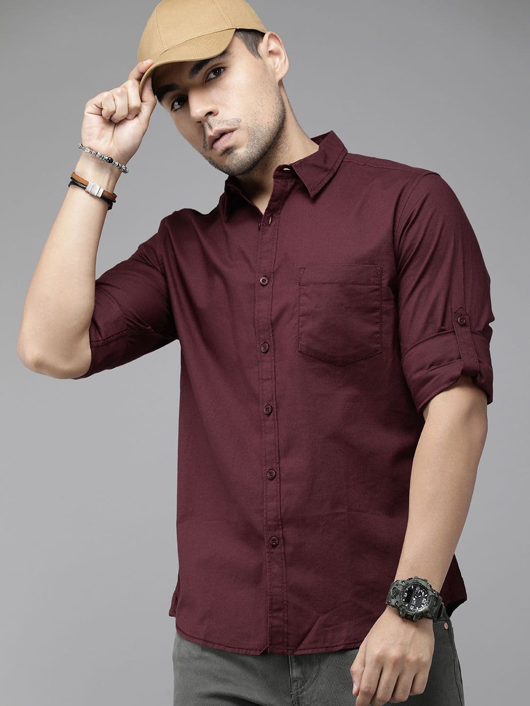 Roadster Men Burgundy Regular Fit Solid Casual Shirt - view 1
