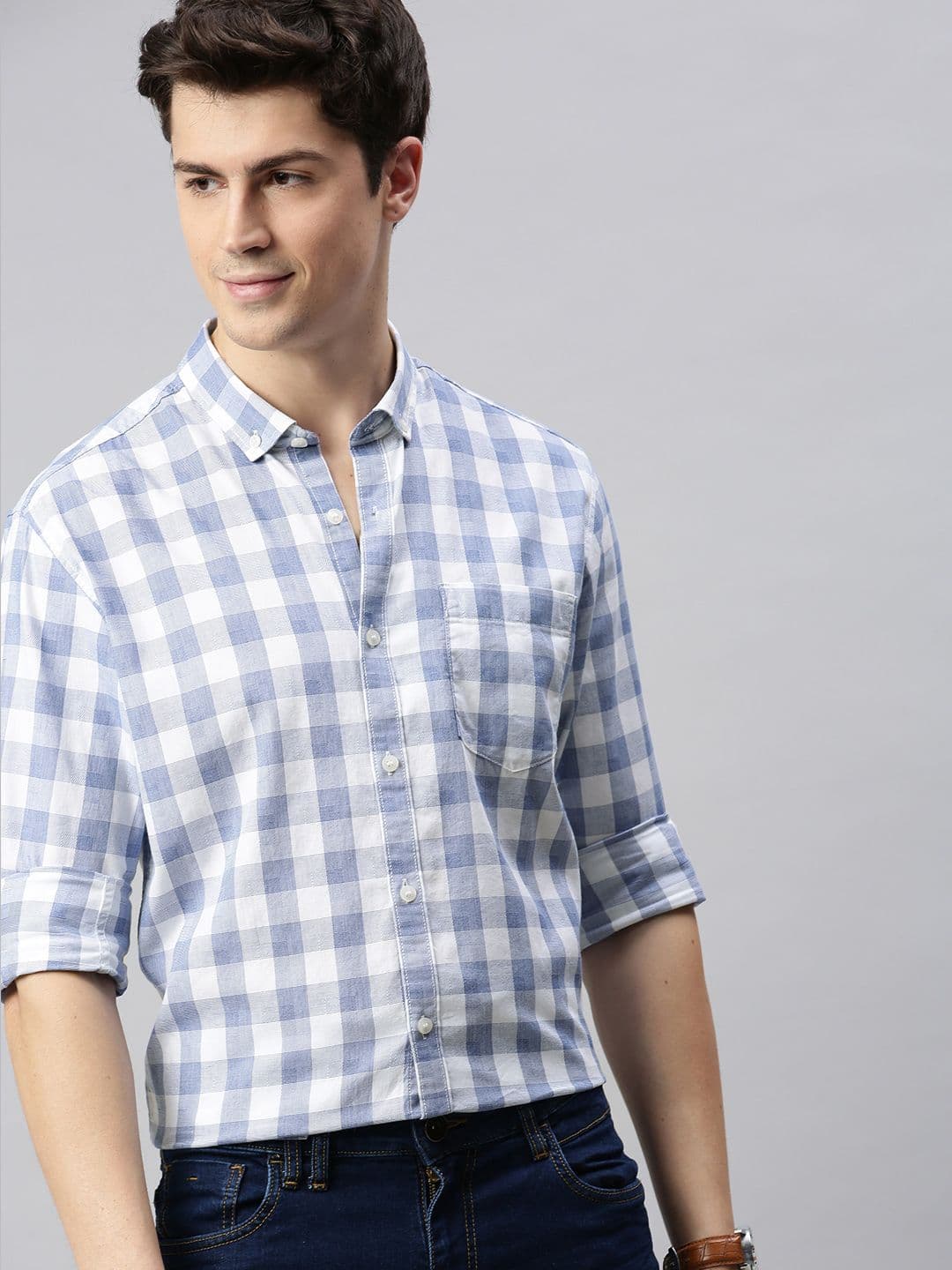 Mast & Harbour Men White & Blue Slim Fit Checked Button-Down Collar Casual Shirt - view 1