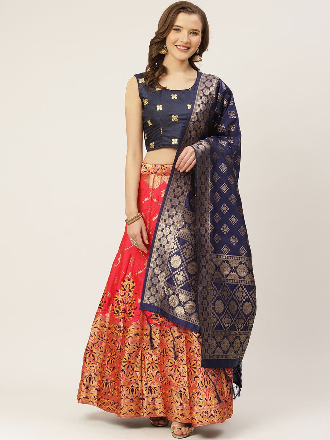 Shaily Pink & Navy Blue Zari Woven Design Semi-Stitched Lehenga & Blouse with Dupatta - view 1