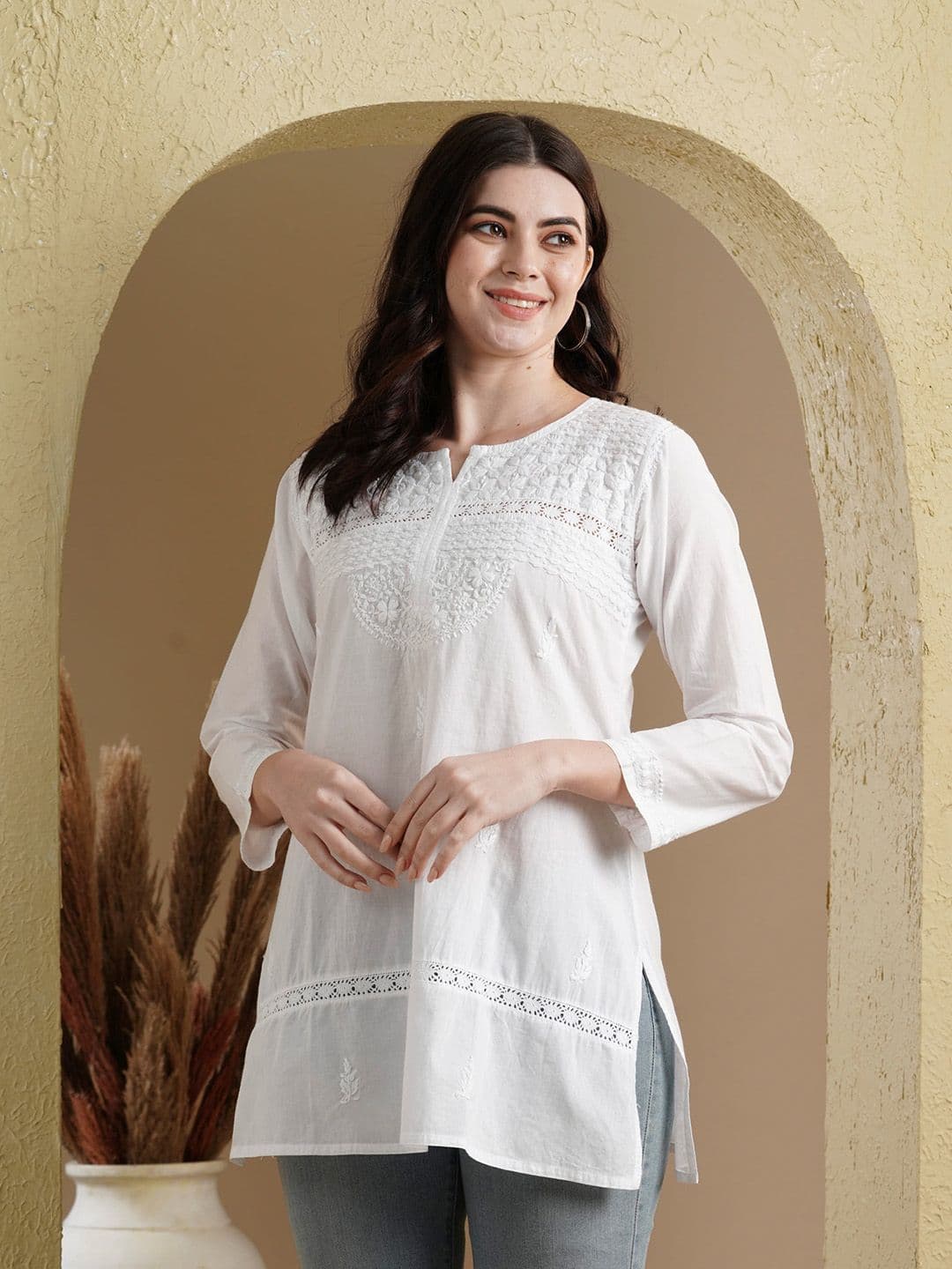 ADA Women White Chikankari Hand Embroidered Pure Cotton Straight Kurti - view 1