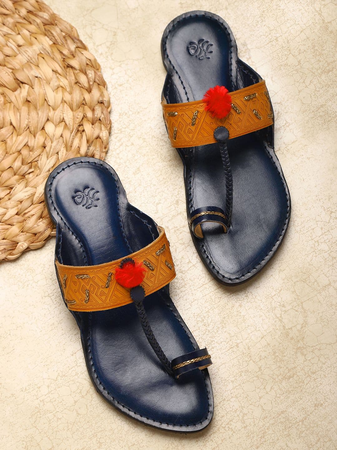 House of Pataudi Men Tan Brown Synthetic Leather Embellished Kolhapuri Sandals - view 1