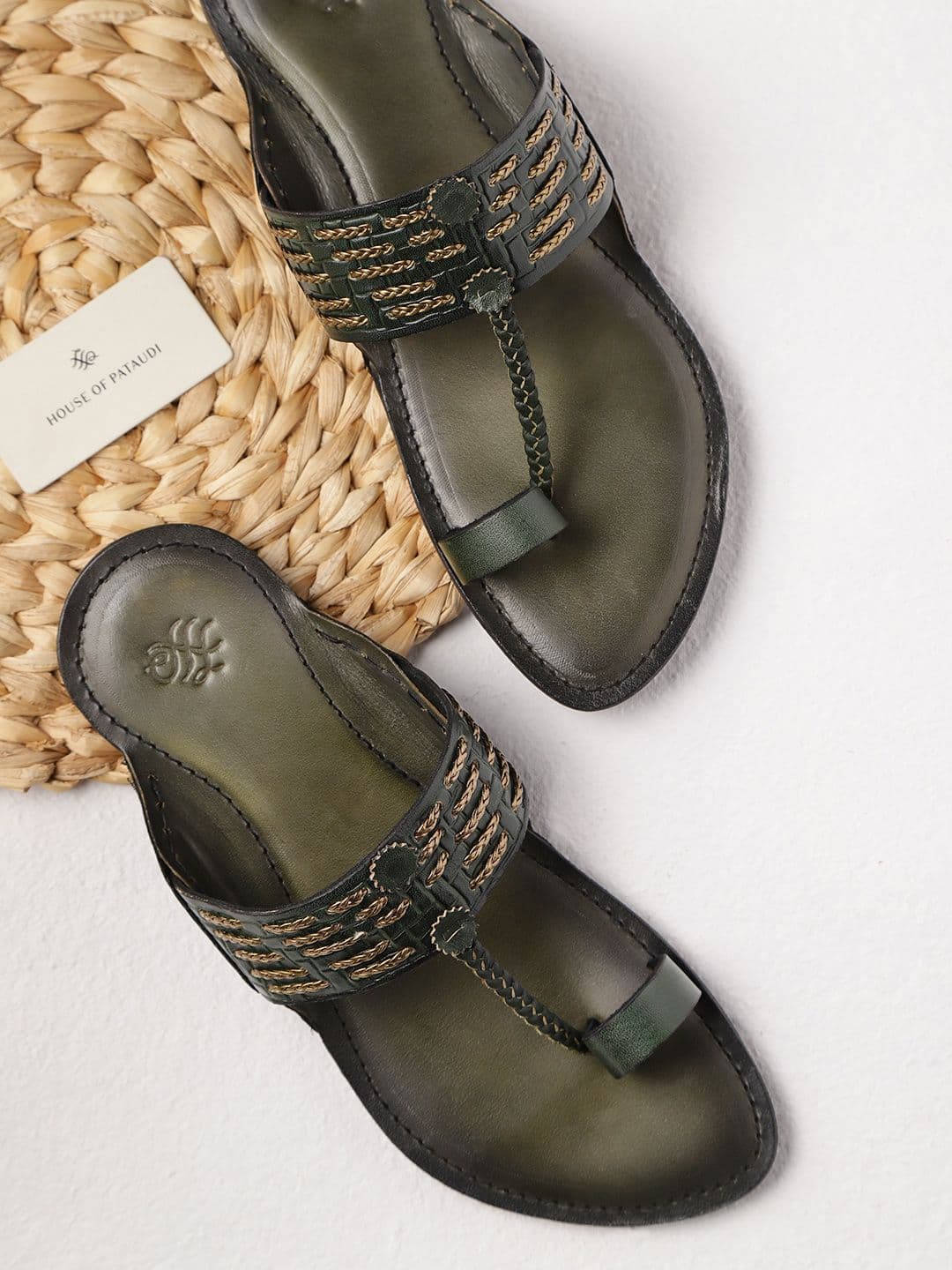House of Pataudi Men Olive Green & Gold-Toned Handcrafted Synthetic Leather Braided One-Toe Sandals - view 1