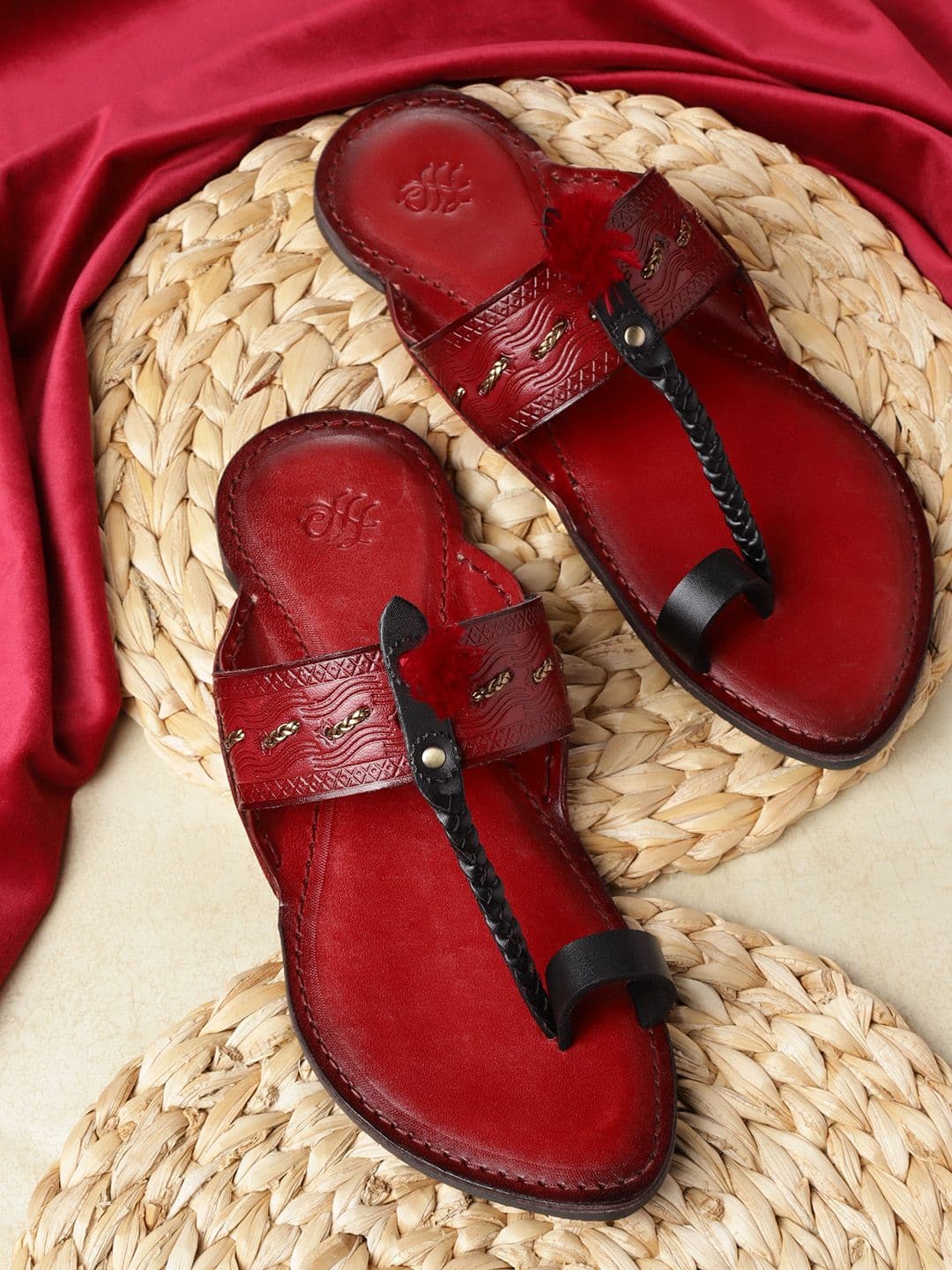House of Pataudi Men Maroon & Black Textured Handcrafted Comfort Sandals - view 1