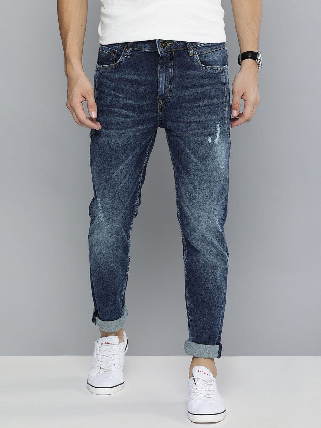 Mast & Harbour Men Blue Slim Tapered Fit Mid-Rise Low Distress Stretchable Jeans - view 1