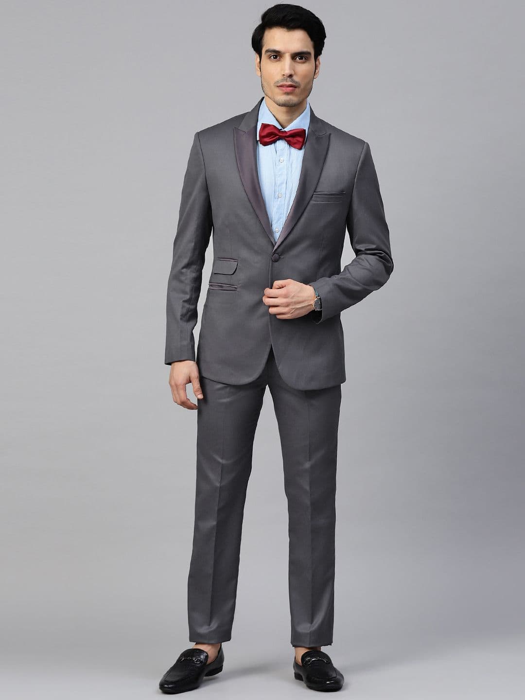 MANQ Men Charcoal Grey Solid Slim Fit Tuxedo Suit