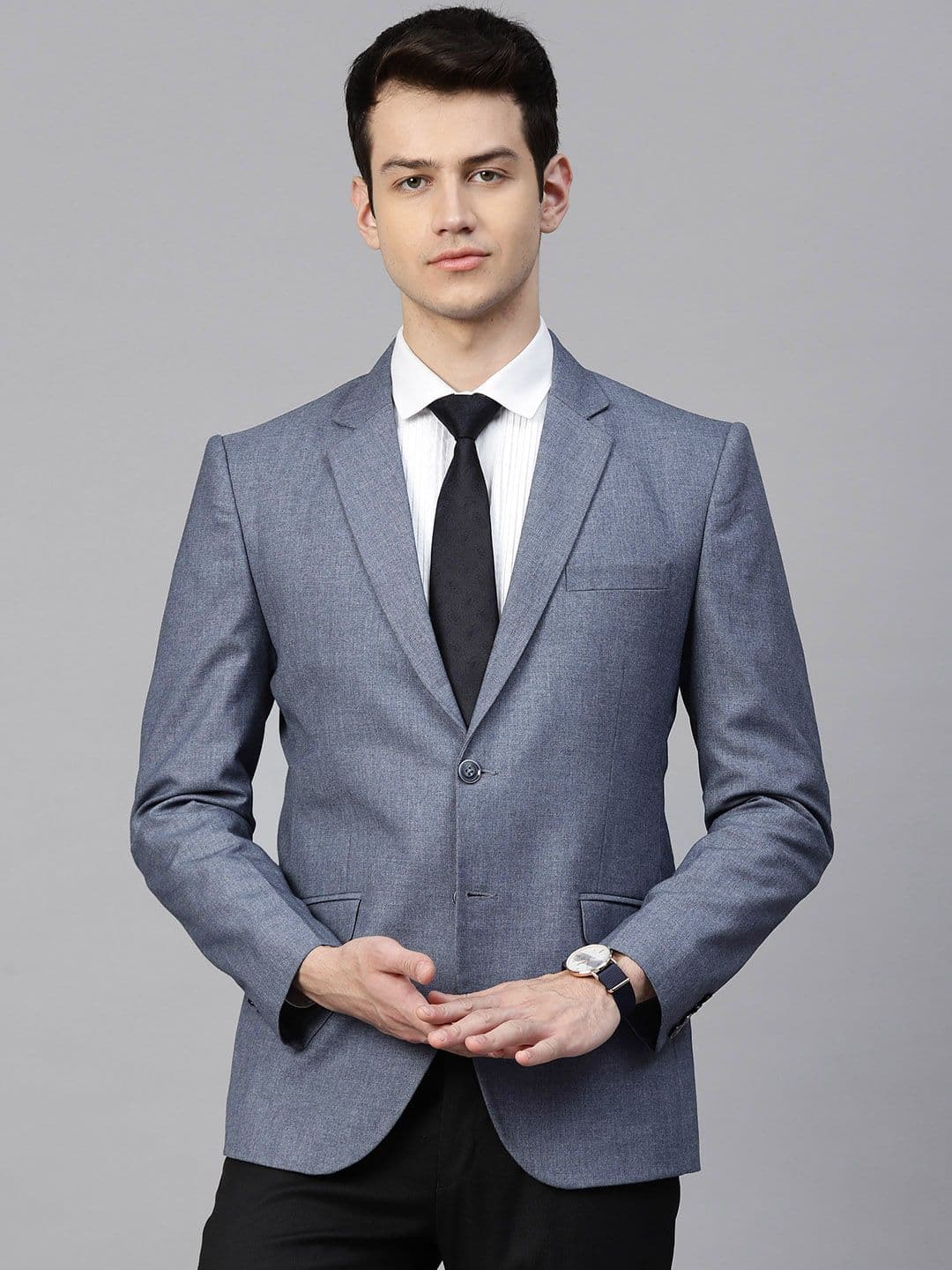 MANQ Men Blue Slim Fit Solid Single-Breasted Formal Blazer - view 1