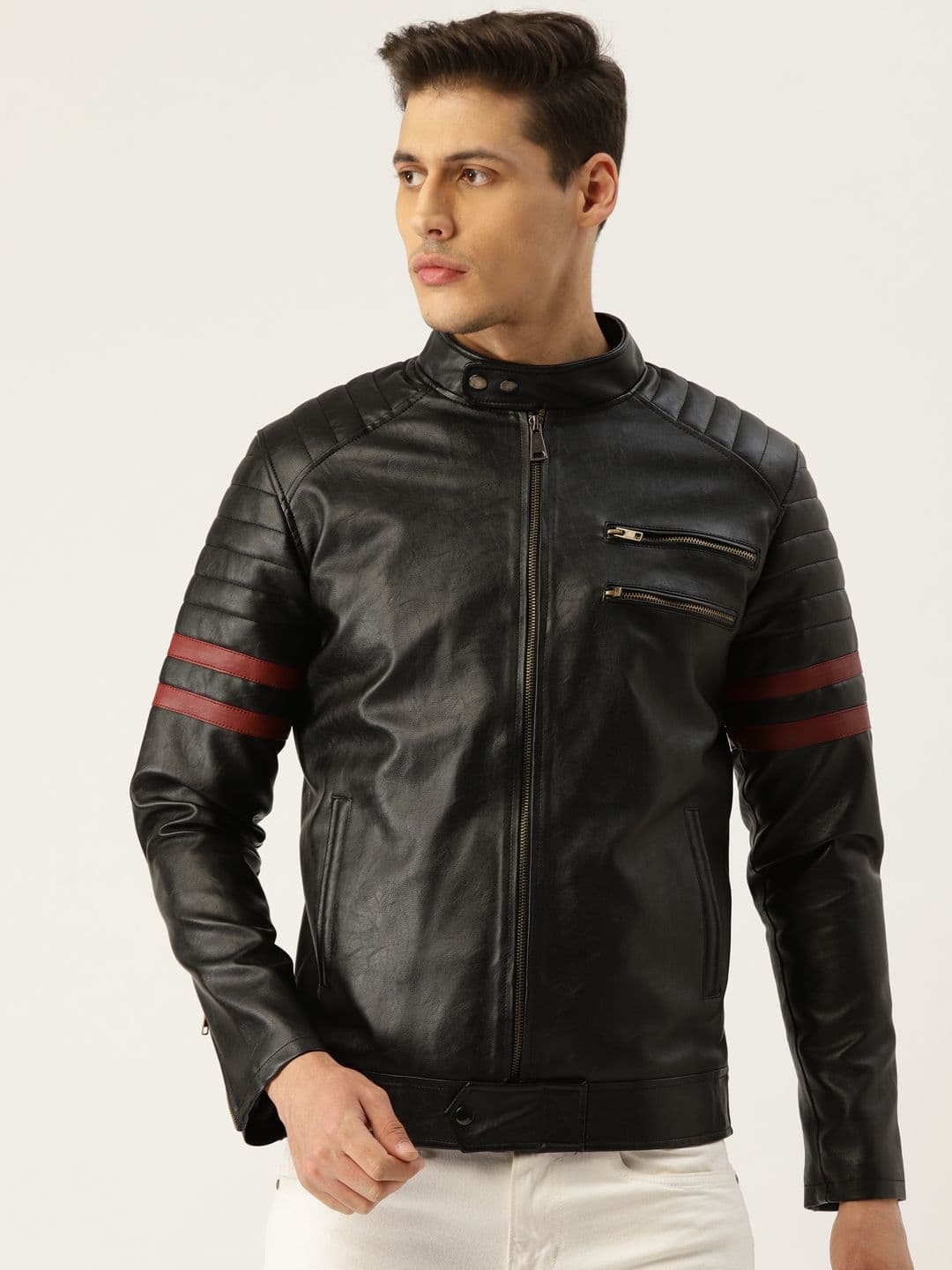 Leather Retail Men Black Solid Lightweight Biker Jacket - view 1