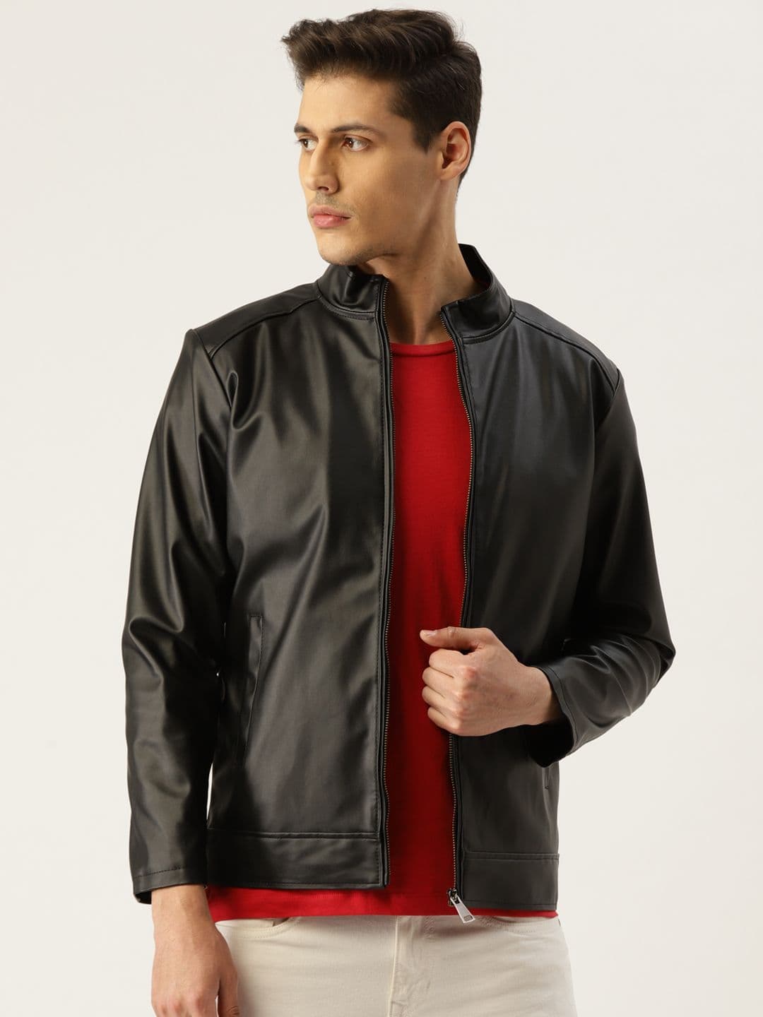 Leather Retail Men Black Solid Lightweight Jacket - view 1