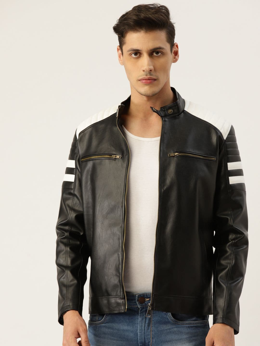 Leather Retail Men Black Solid Lightweight Biker Jacket - view 1