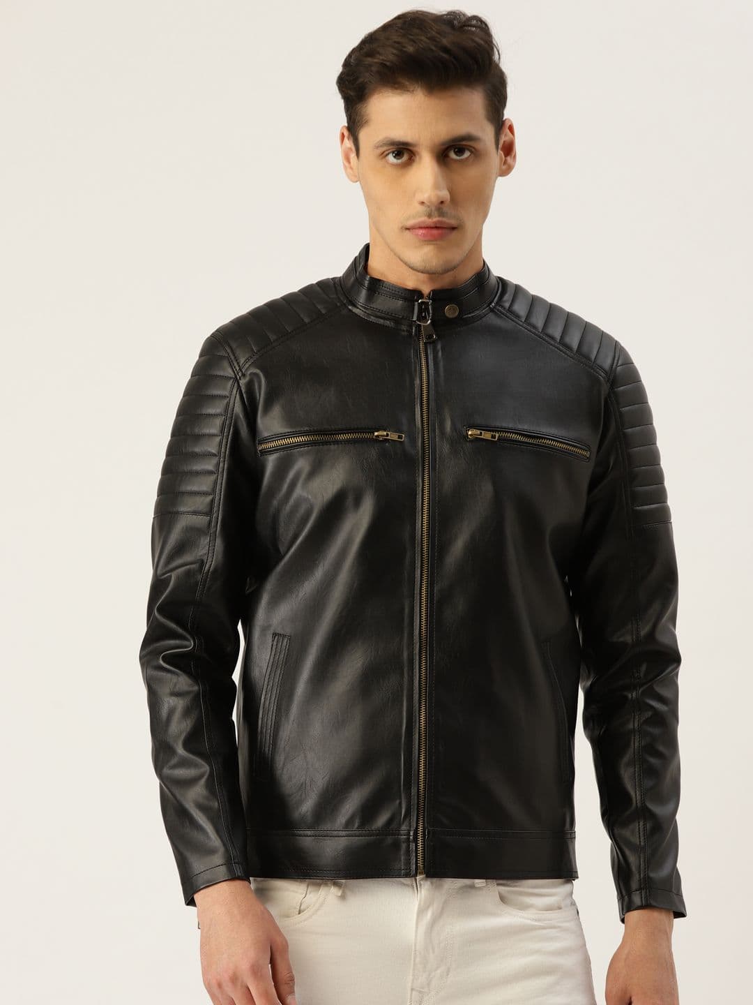 Leather Retail Men Black Solid Lightweight Leather Biker Jacket - view 1