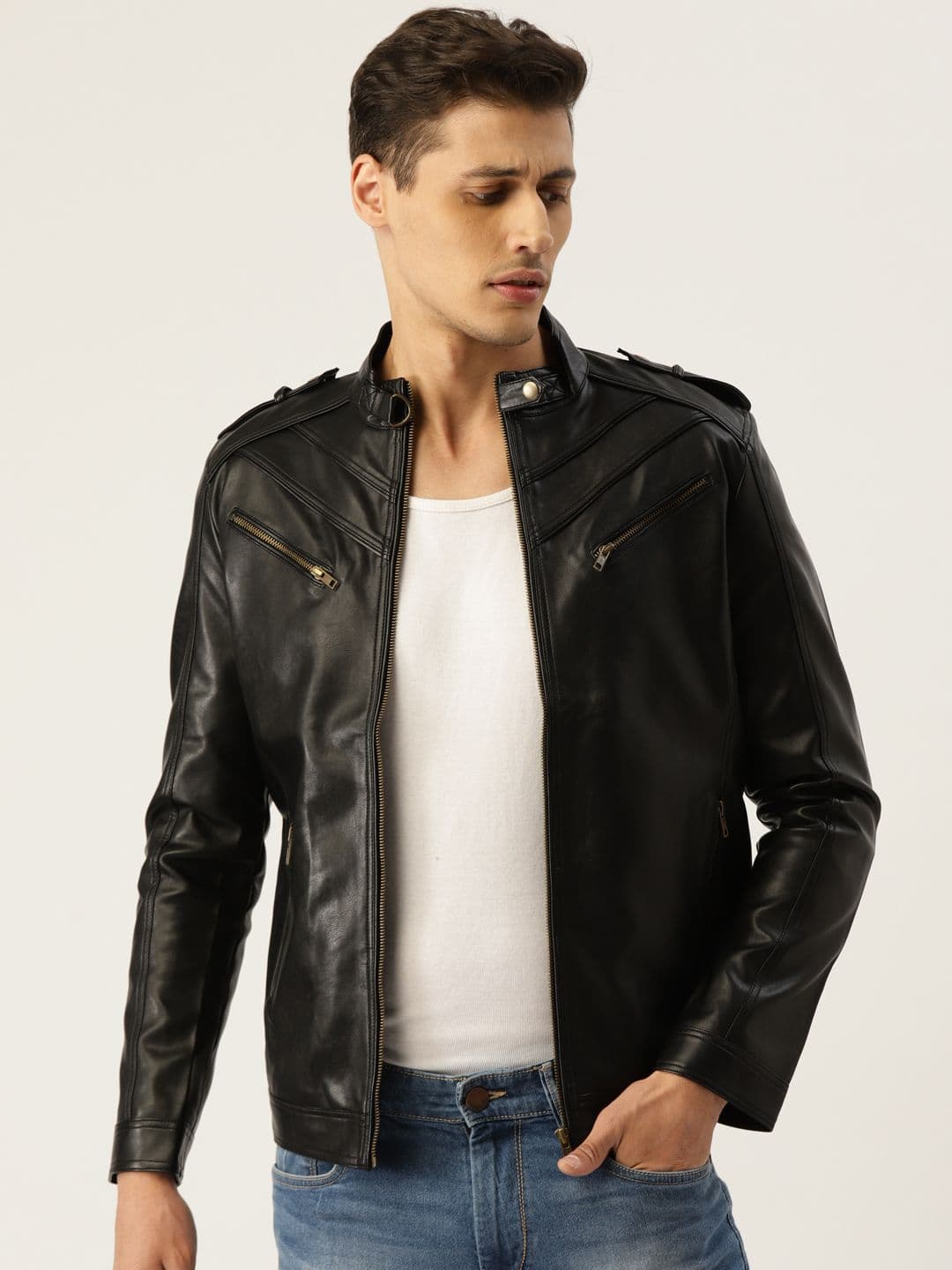 Leather Retail Men Black Solid Lightweight Biker Jacket - view 1